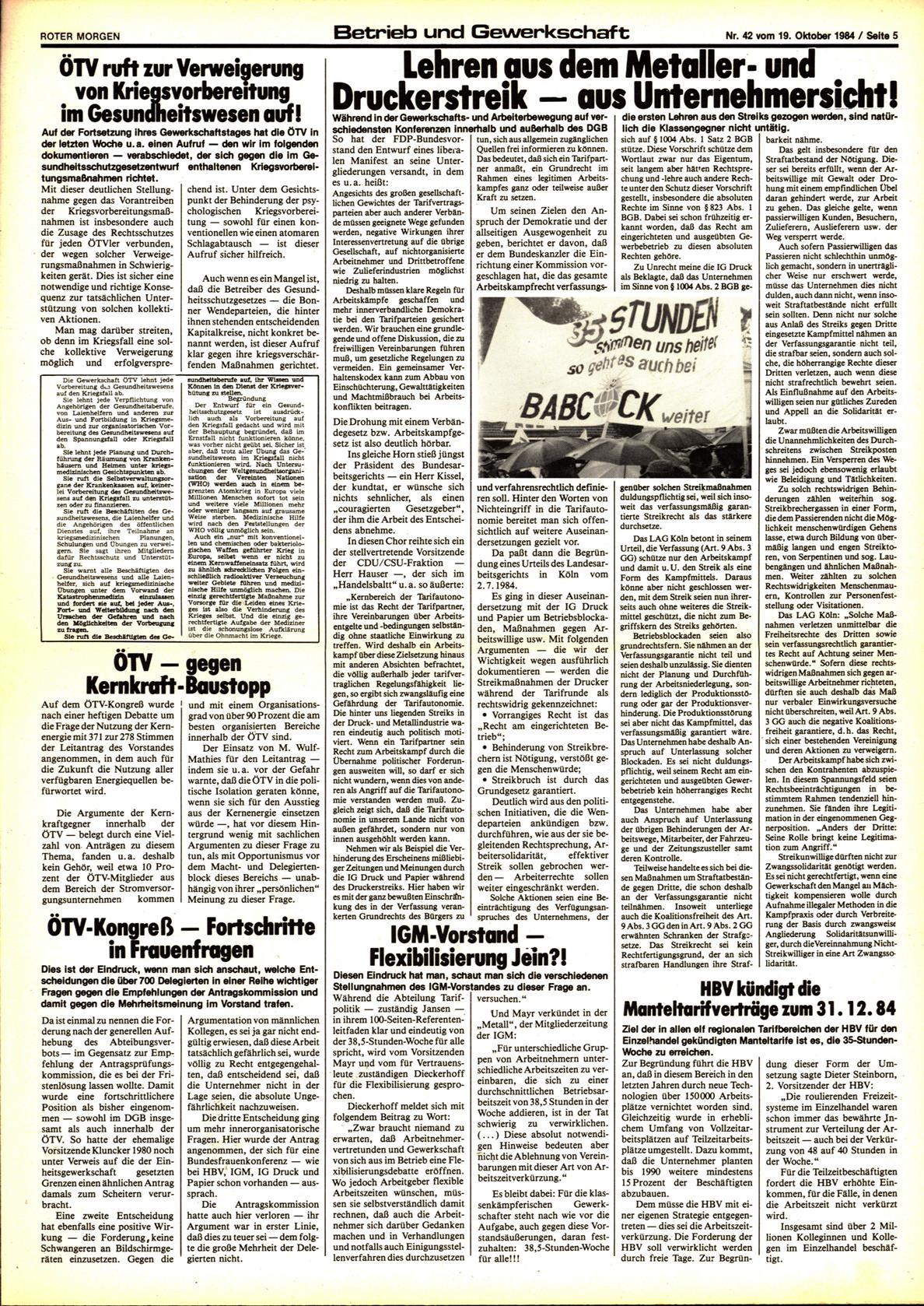 Roter Morgen, 18. Jg., 19. Oktober 1984, Nr. 42, Seite 5