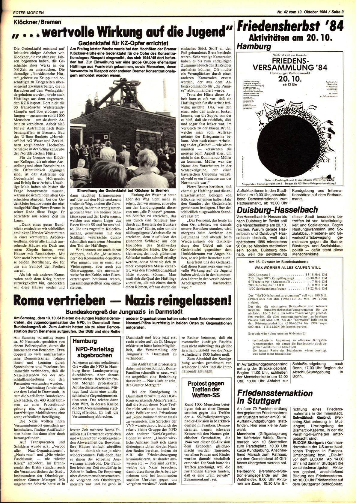 Roter Morgen, 18. Jg., 19. Oktober 1984, Nr. 42, Seite 9
