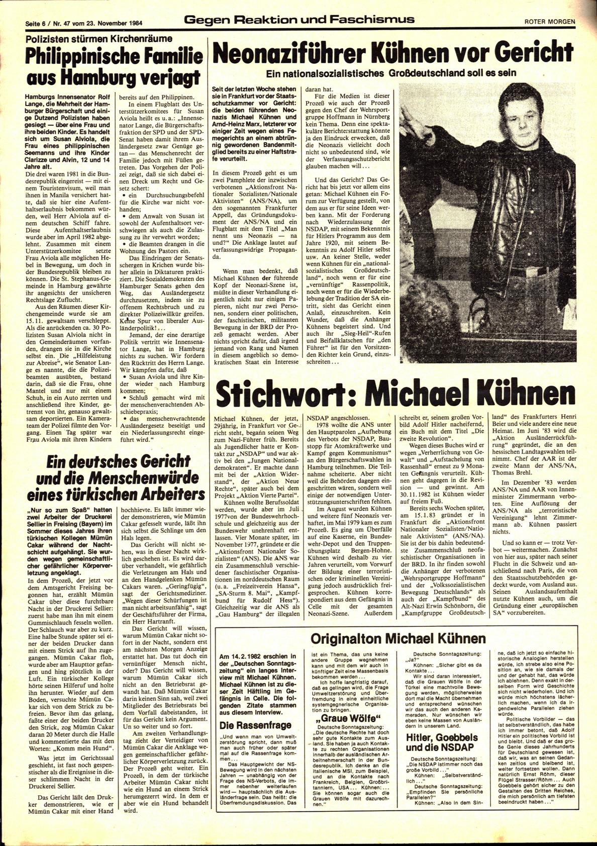 Roter Morgen, 18. Jg., 23. November 1984, Nr. 47, Seite 6