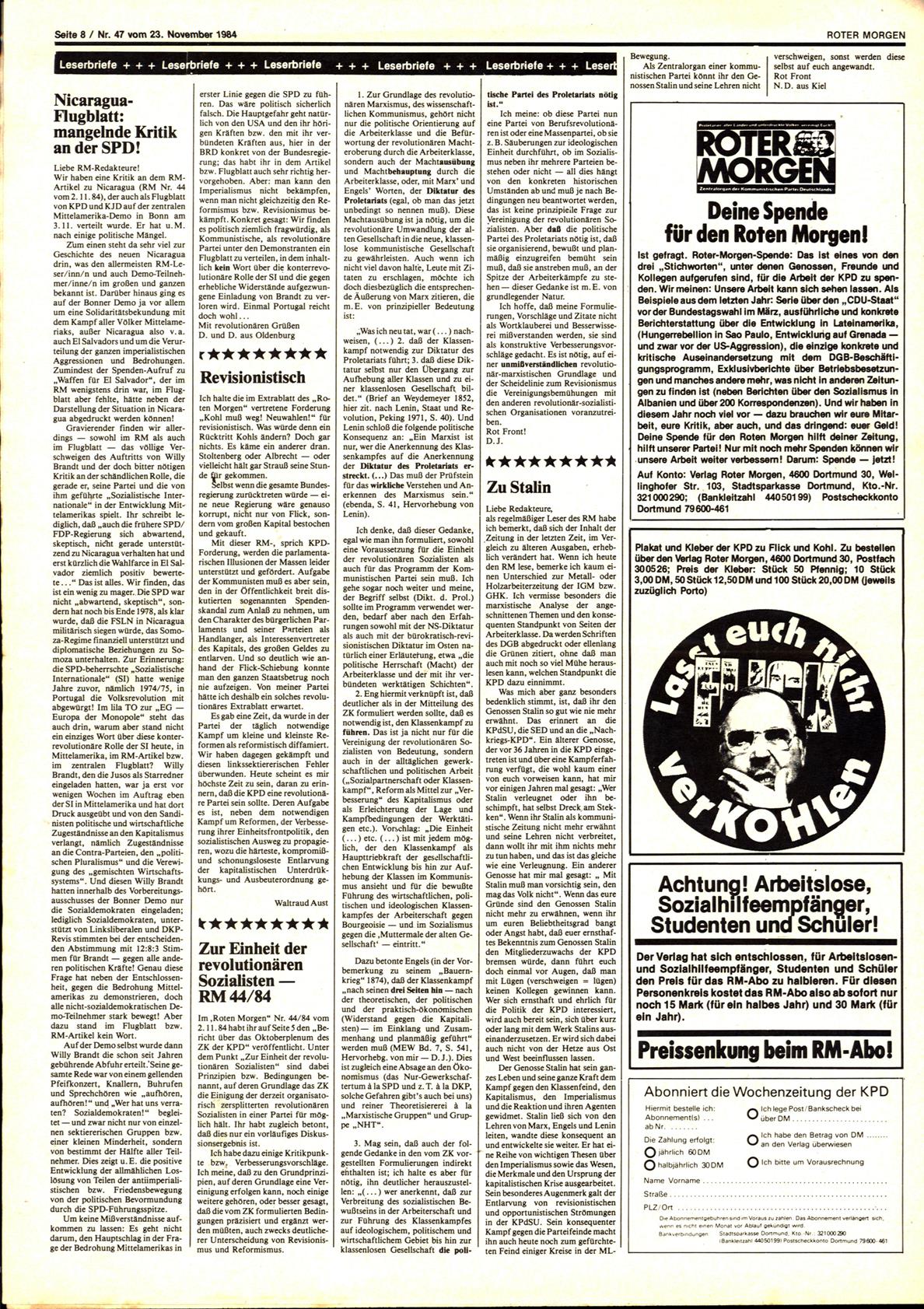 Roter Morgen, 18. Jg., 23. November 1984, Nr. 47, Seite 8