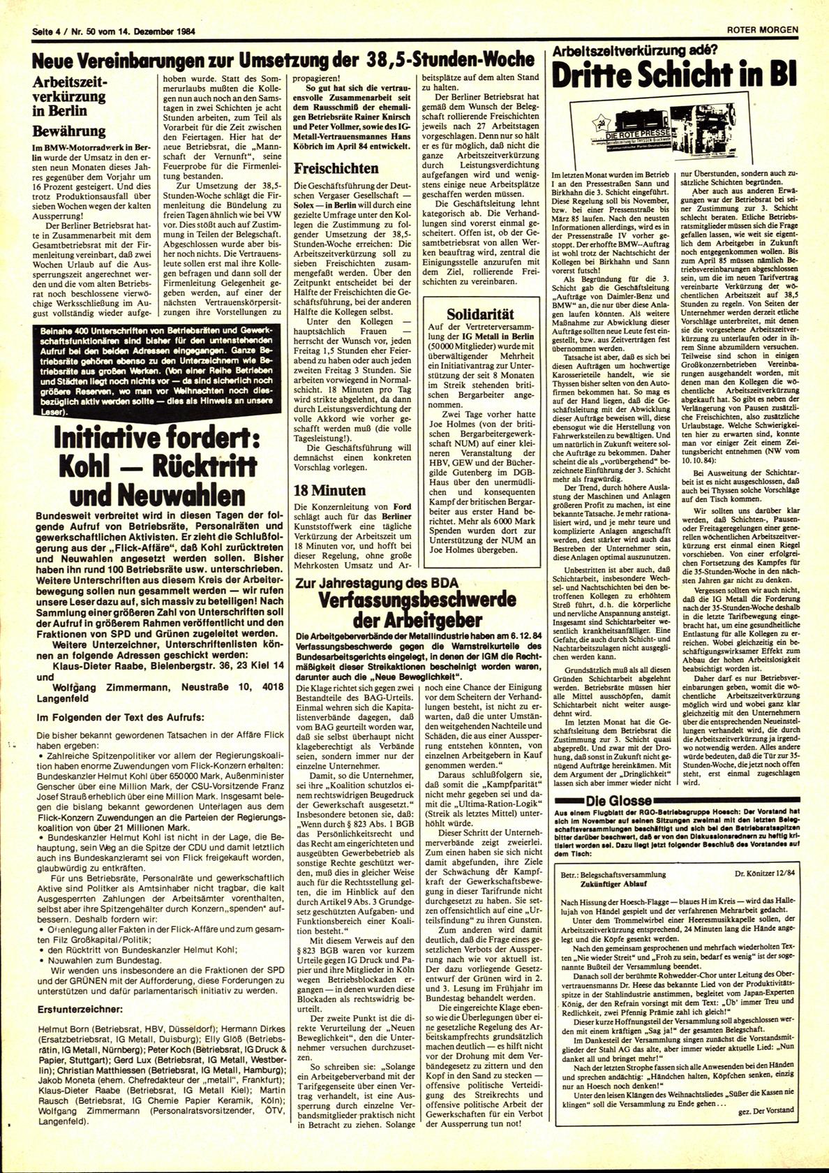 Roter Morgen, 18. Jg., 14. Dezember 1984, Nr. 50, Seite 4