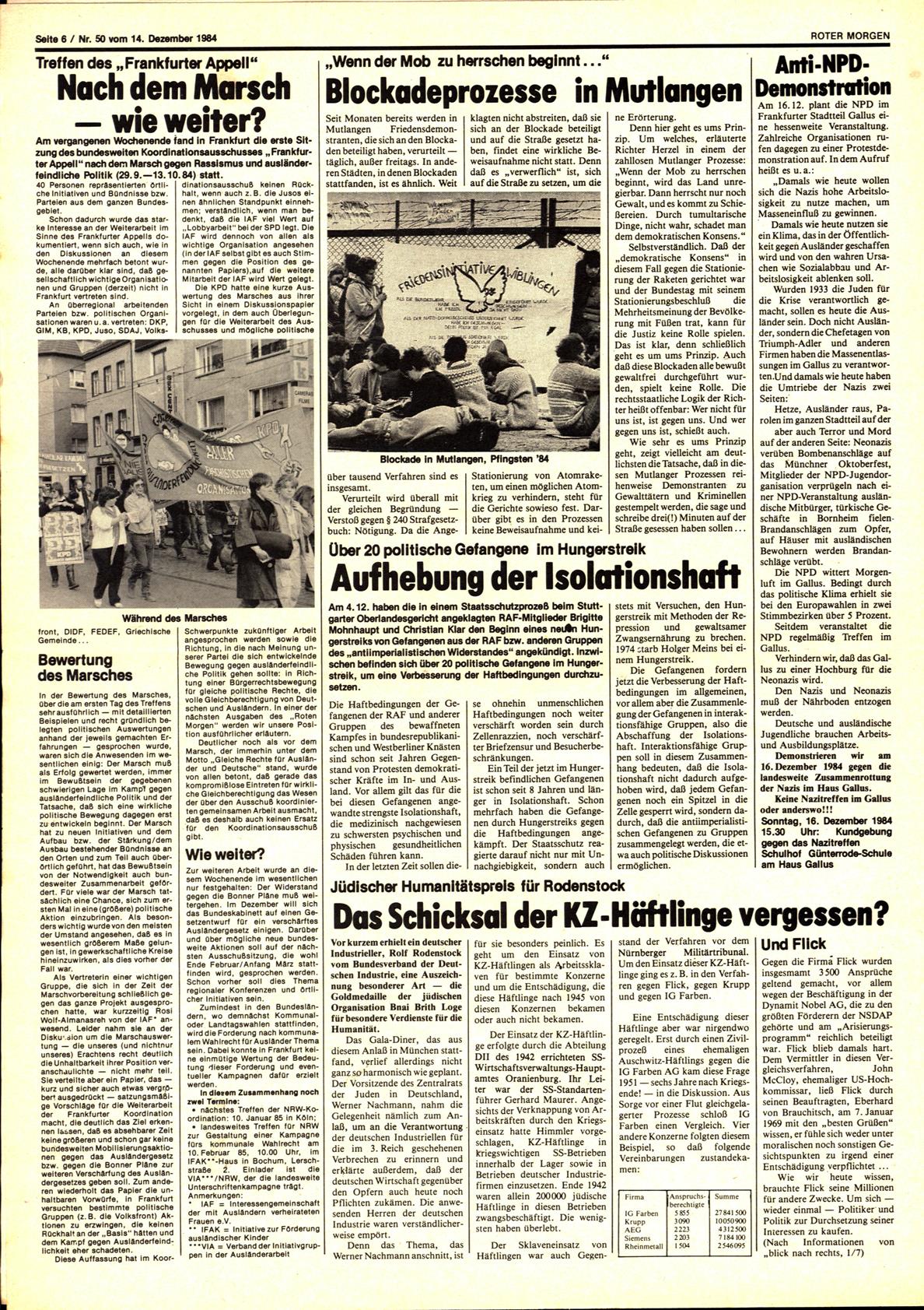 Roter Morgen, 18. Jg., 14. Dezember 1984, Nr. 50, Seite 6