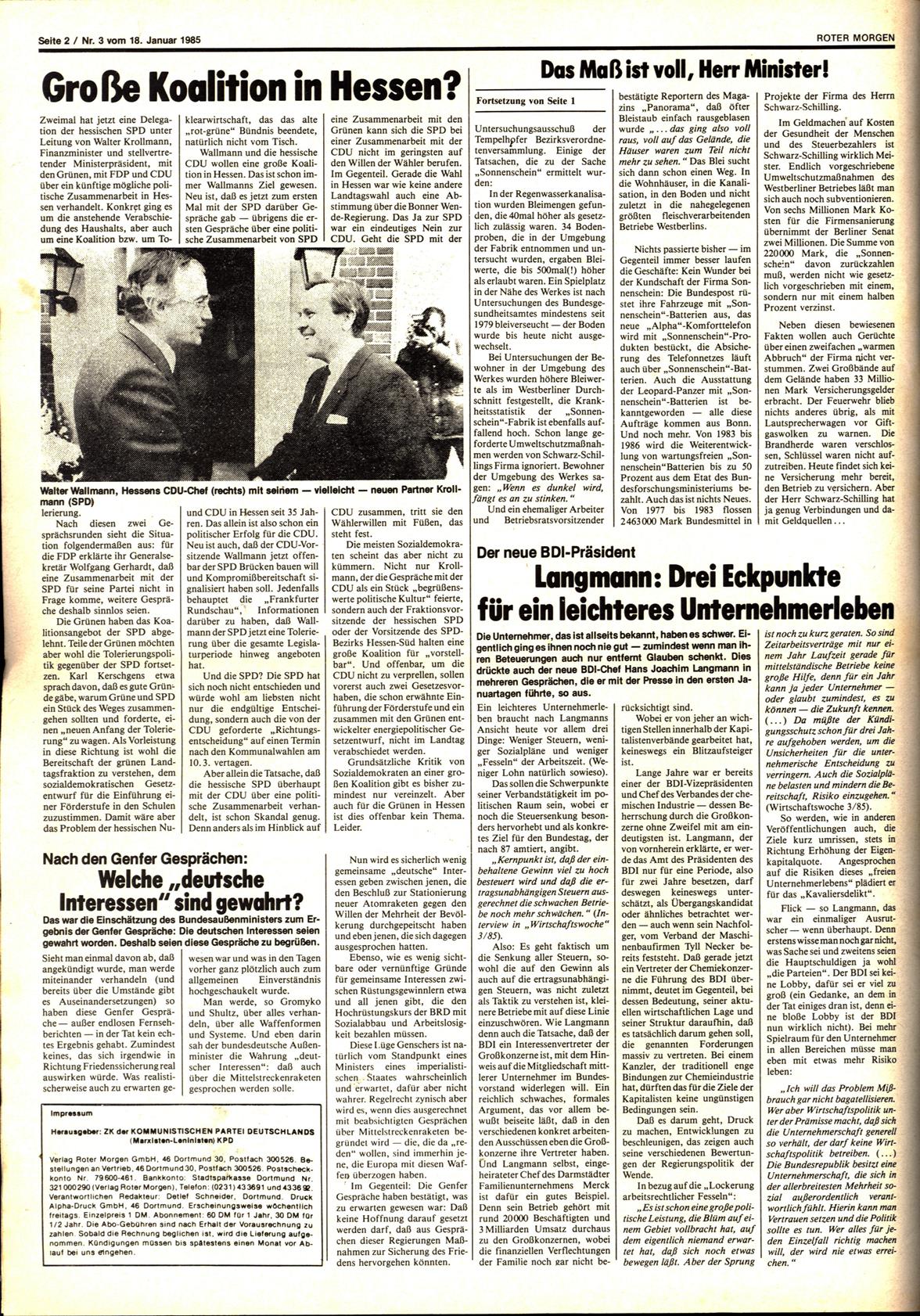 Roter Morgen, 19. Jg., 18. Januar 1985, Nr. 3, Seite 2