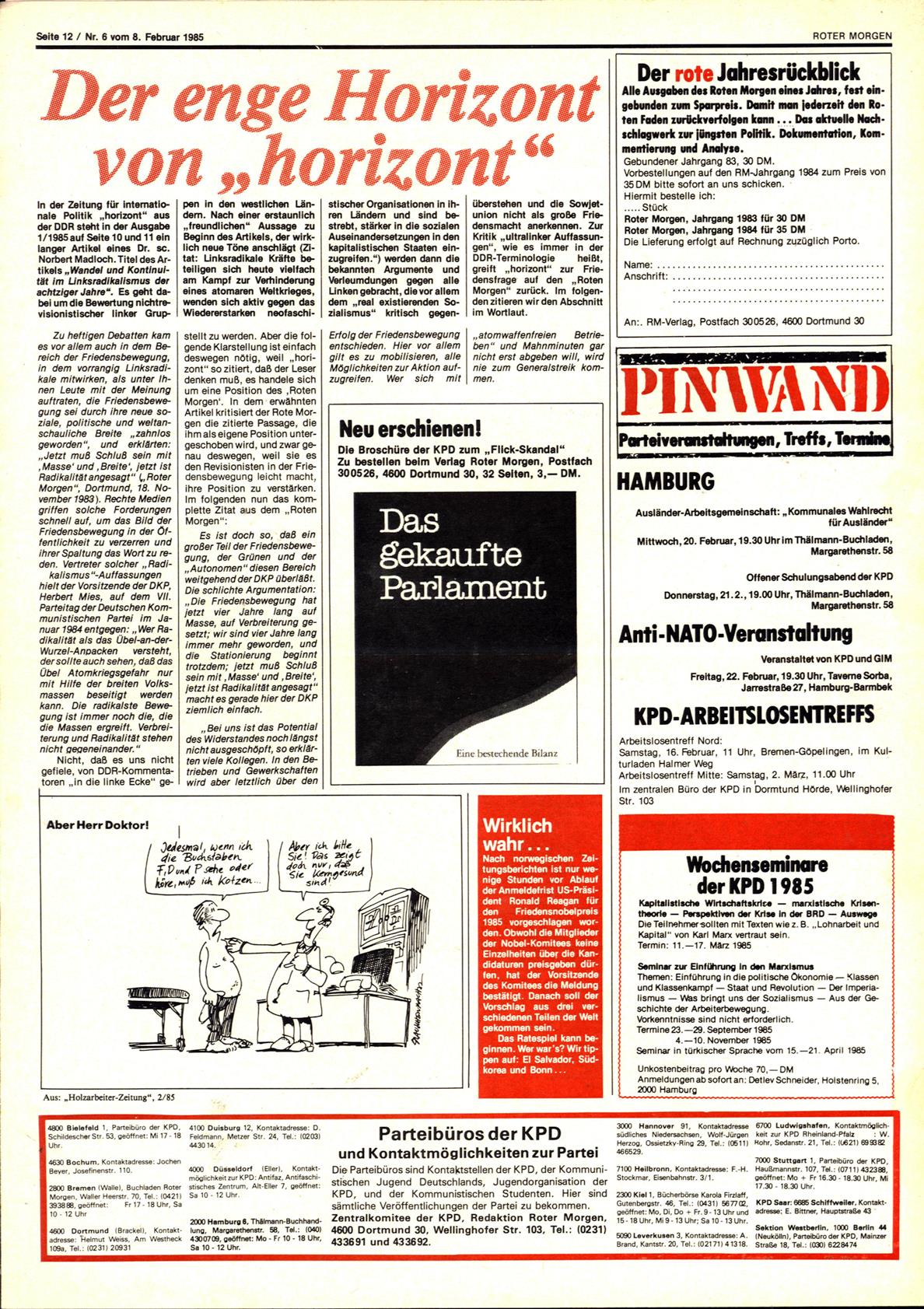 Roter Morgen, 19. Jg., 8. Februar 1985, Nr. 6, Seite 12