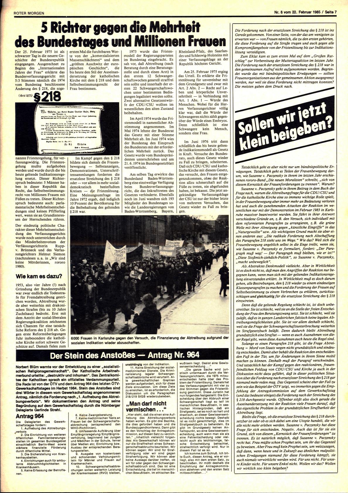 Roter Morgen, 19. Jg., 22. Februar 1985, Nr. 8, Seite 7