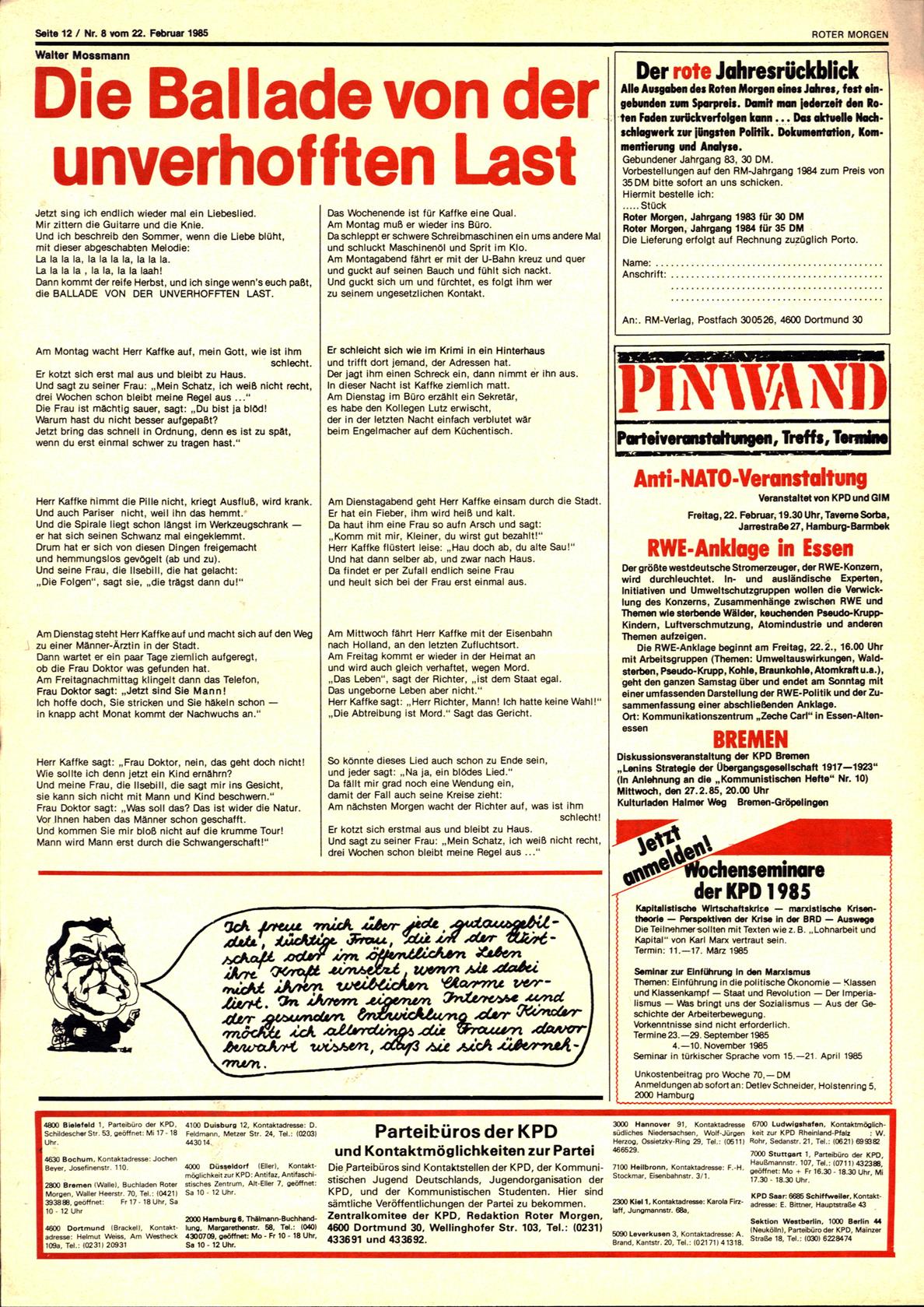 Roter Morgen, 19. Jg., 22. Februar 1985, Nr. 8, Seite 12