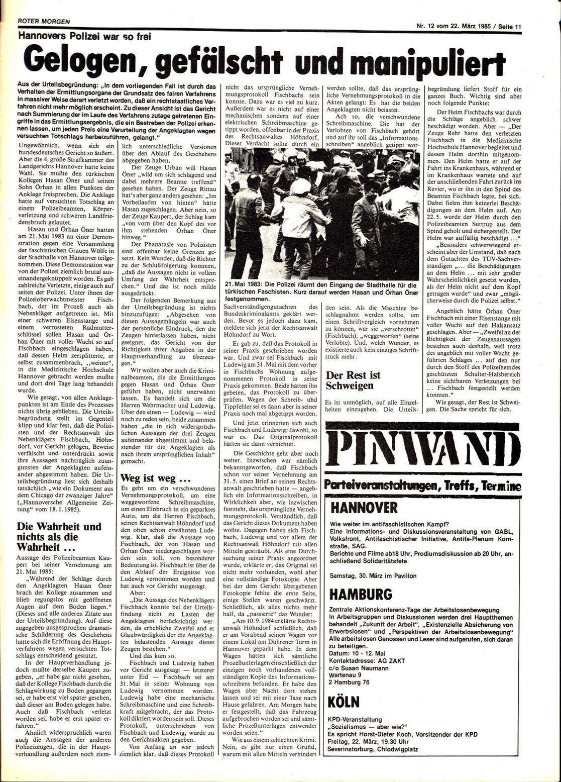 Roter Morgen, 19. Jg., 22. März 1985, Nr. 12, Seite 11
