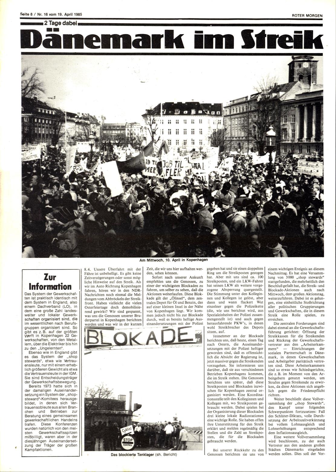 Roter Morgen, 19. Jg., 19. April 1985, Nr. 16, Seite 8
