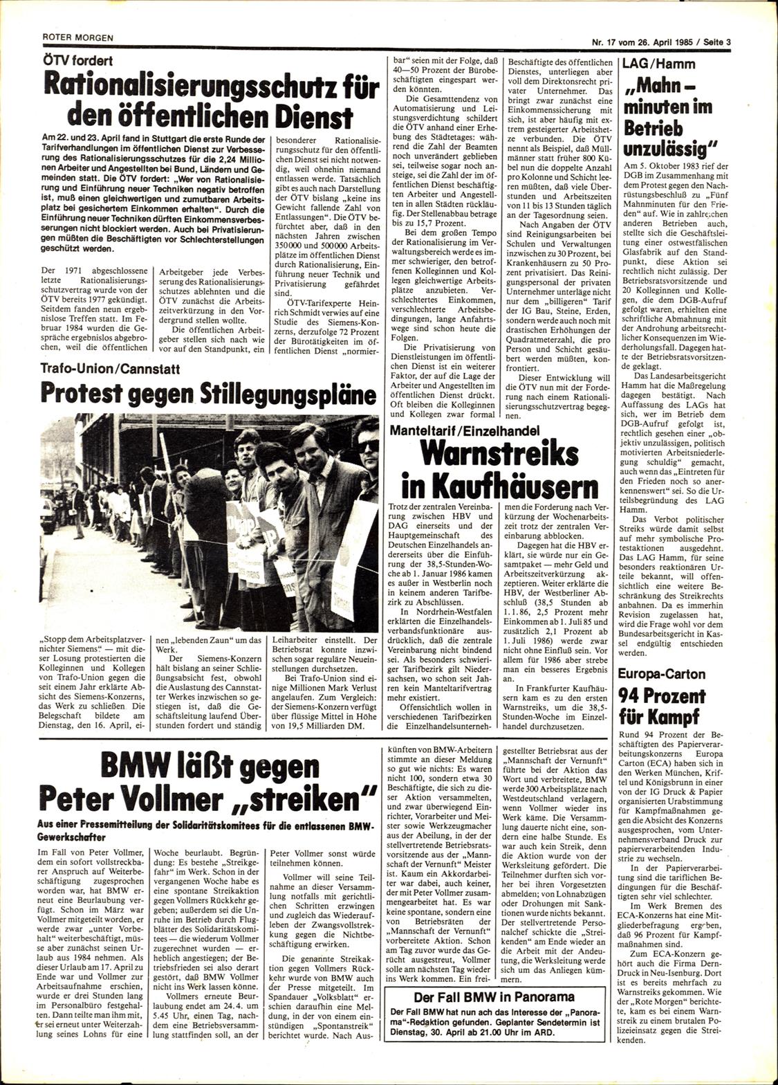 Roter Morgen, 19. Jg., 26. April 1985, Nr. 17, Seite 3