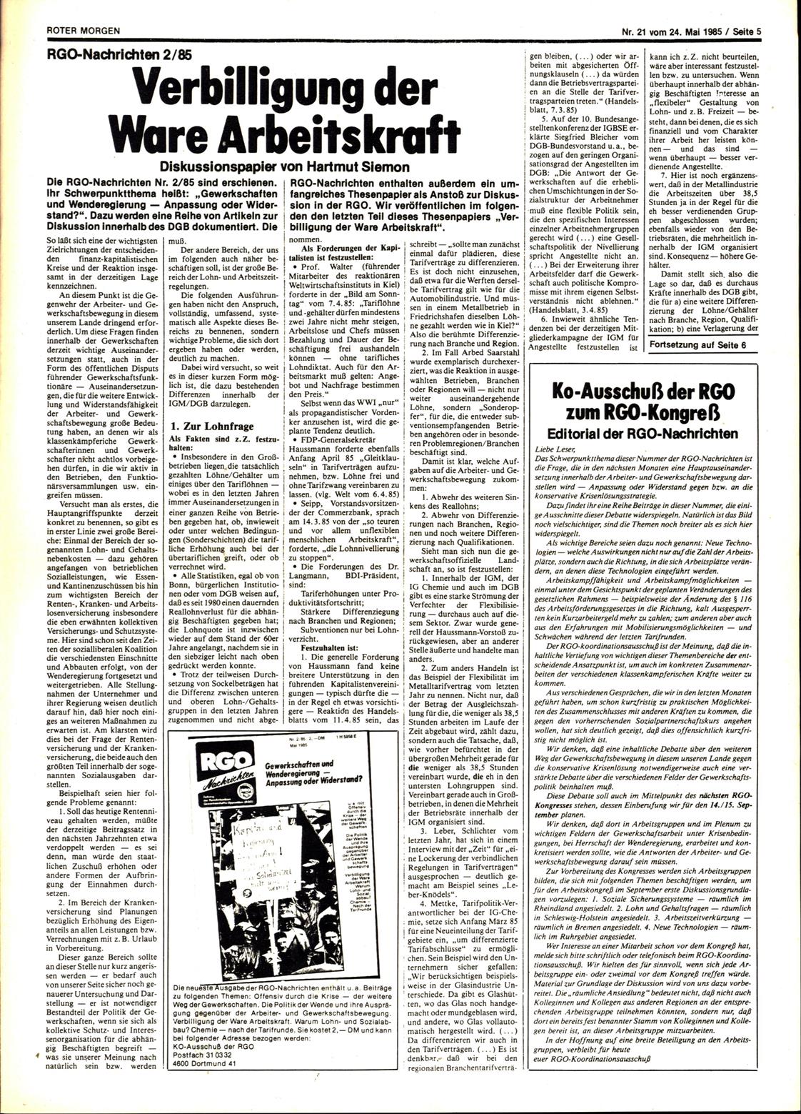 Roter Morgen, 19. Jg., 24. Mai 1985, Nr. 21, Seite 5