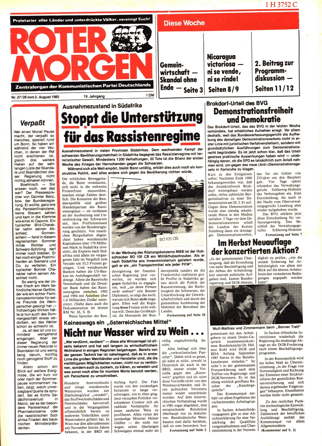 Roter Morgen, 19. Jg., 2. August 1985, Nr. 27/28, Seite 1