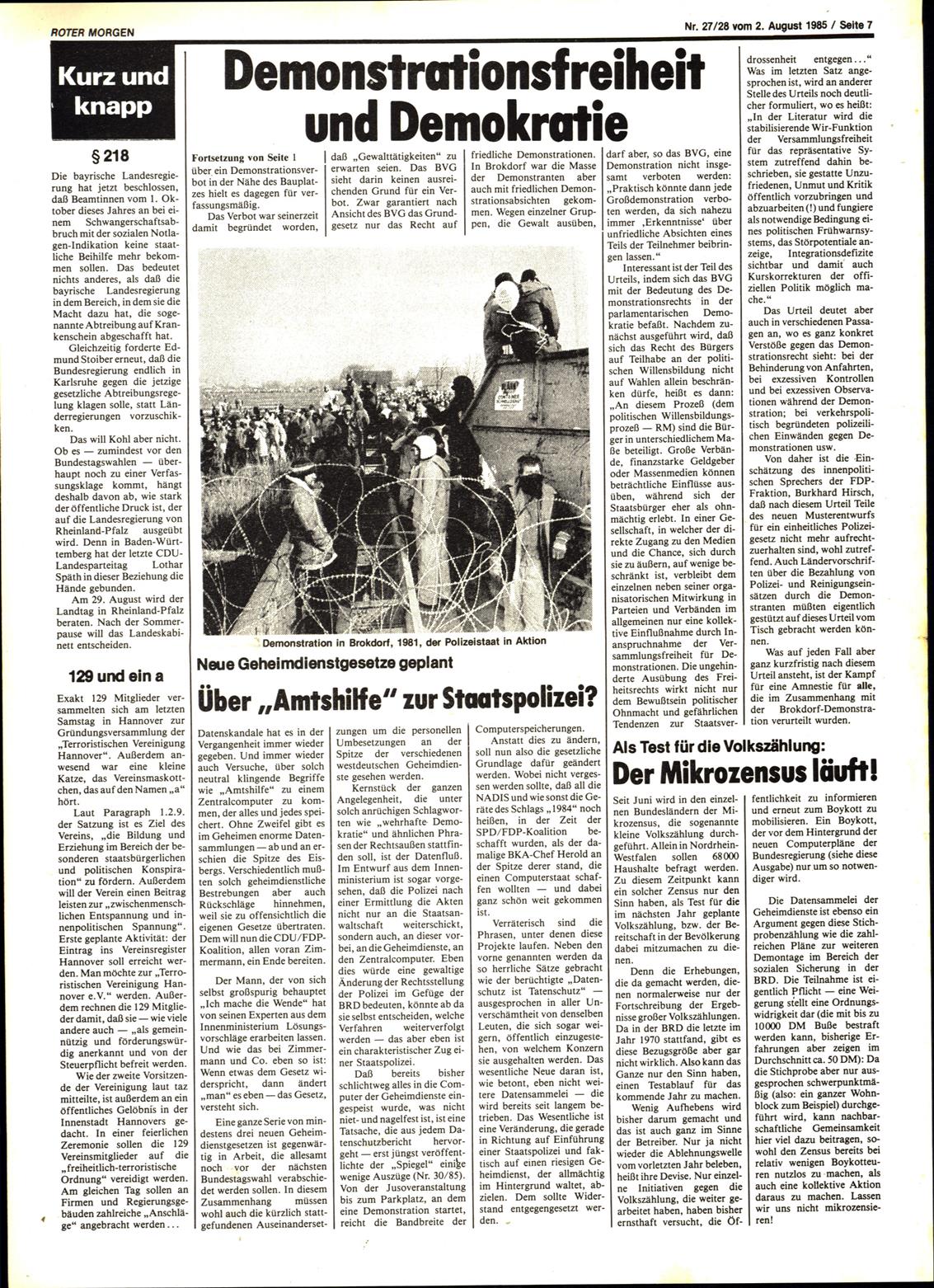 Roter Morgen, 19. Jg., 2. August 1985, Nr. 27/28, Seite 7