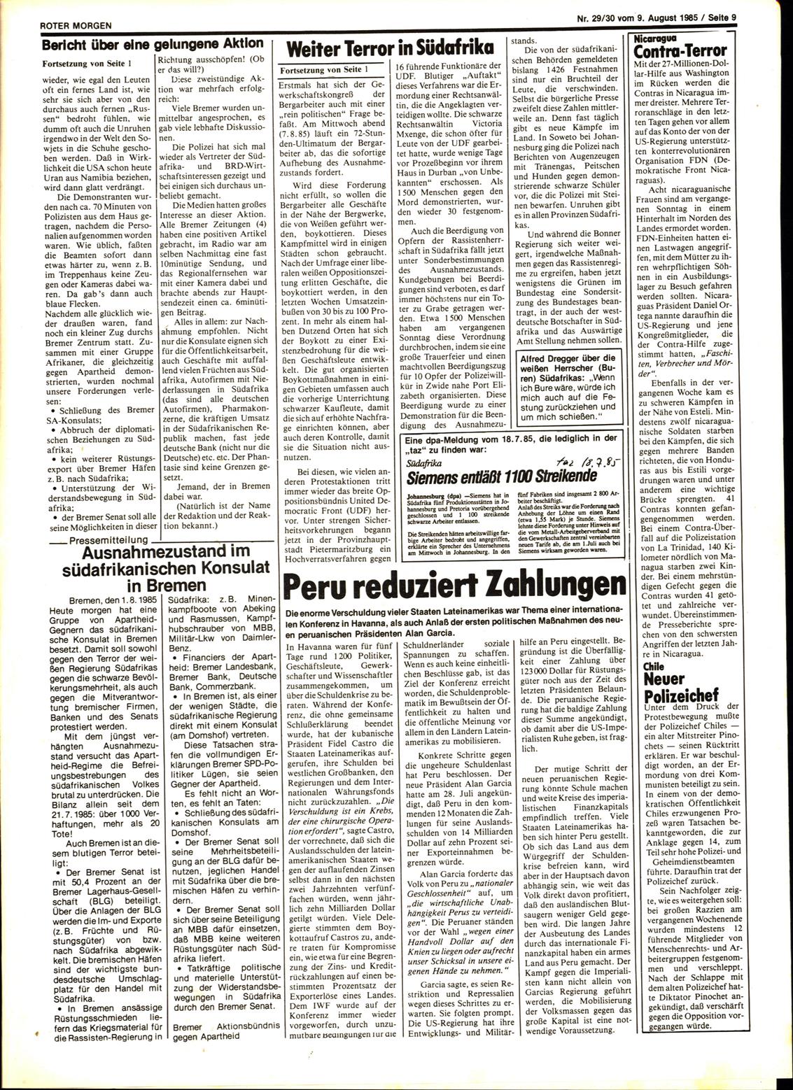 Roter Morgen, 19. Jg., 9. August 1985, Nr. 29/30, Seite 9