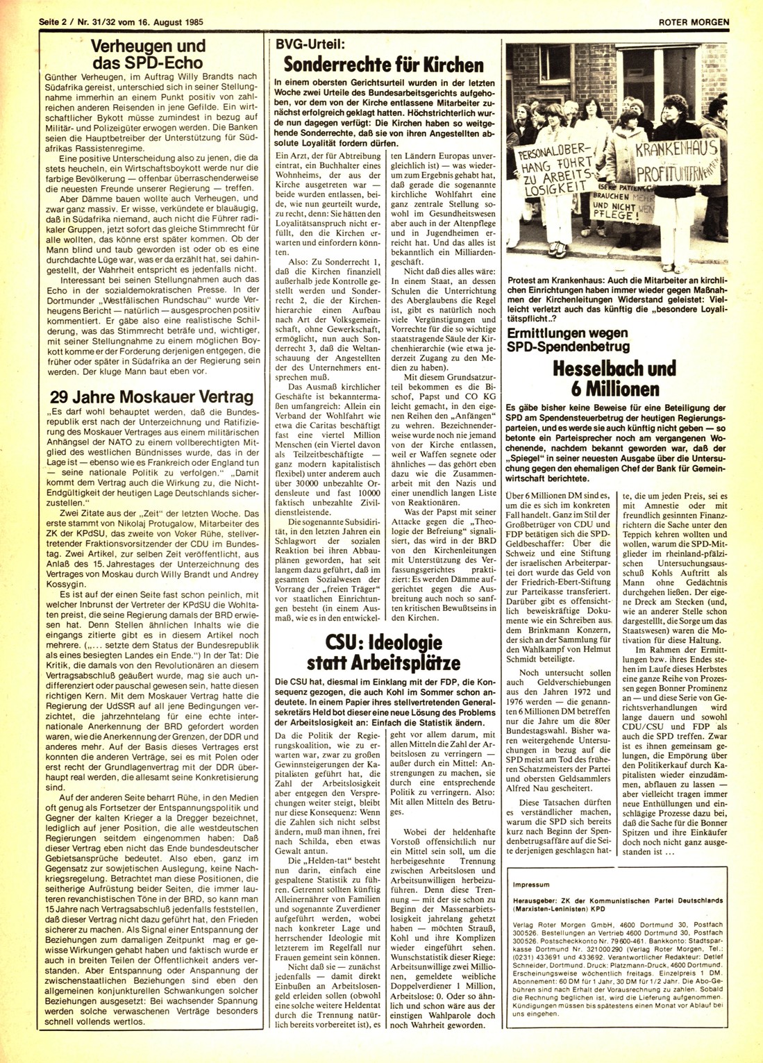 Roter Morgen, 19. Jg., 16. August 1985, Nr. 31/32, Seite 2