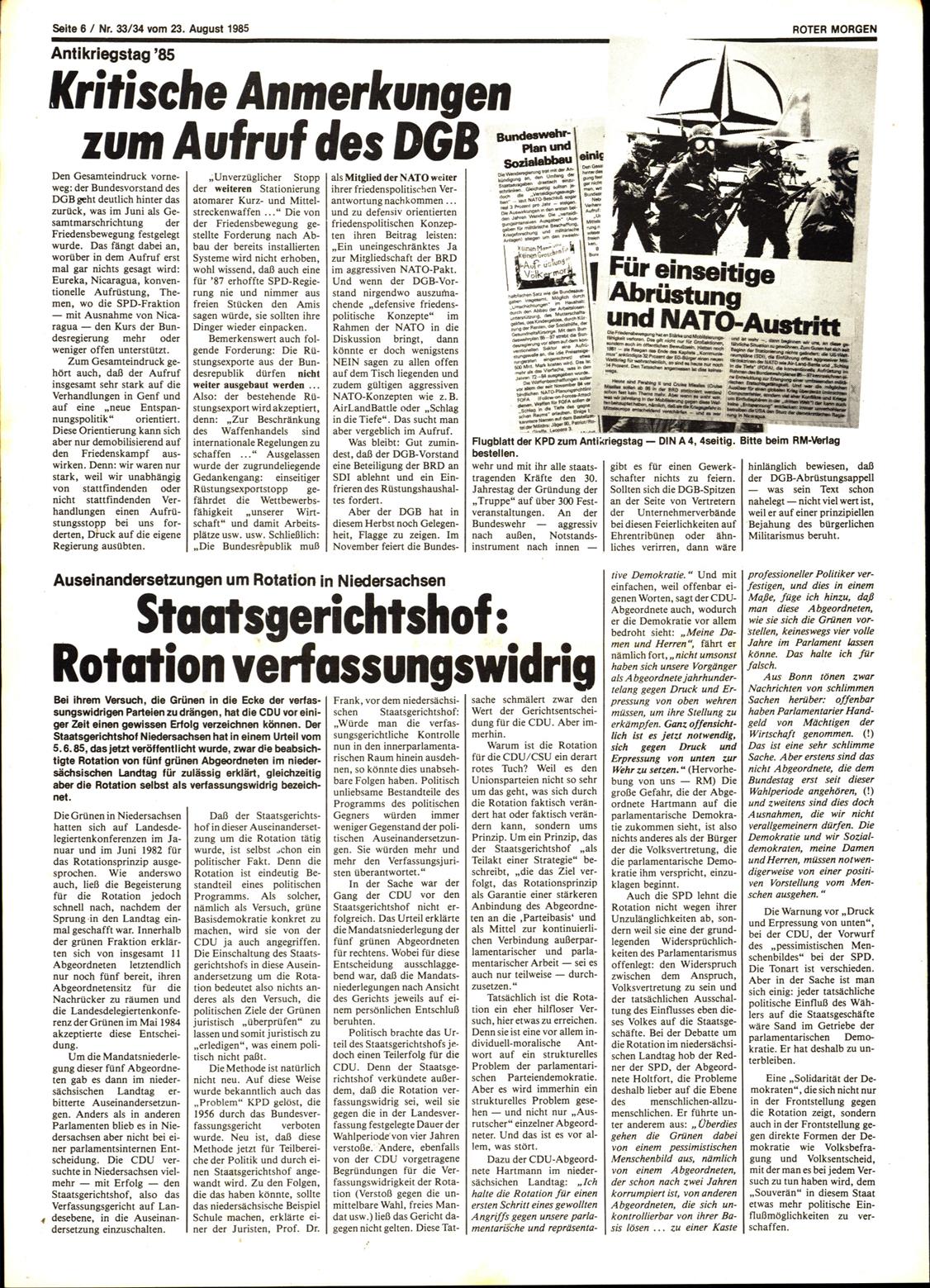 Roter Morgen, 19. Jg., 23. August 1985, Nr. 33/34, Seite 6