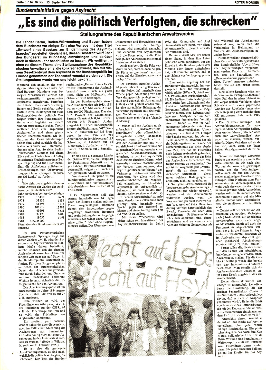 Roter Morgen, 19. Jg., 13. September 1985, Nr. 37, Seite 6