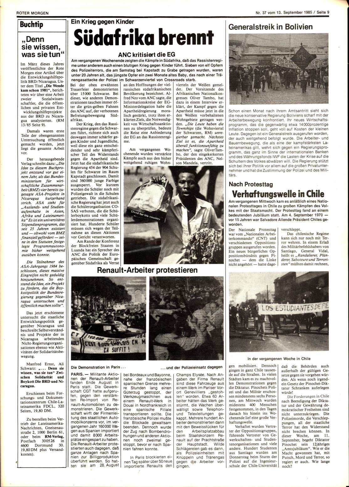 Roter Morgen, 19. Jg., 13. September 1985, Nr. 37, Seite 9