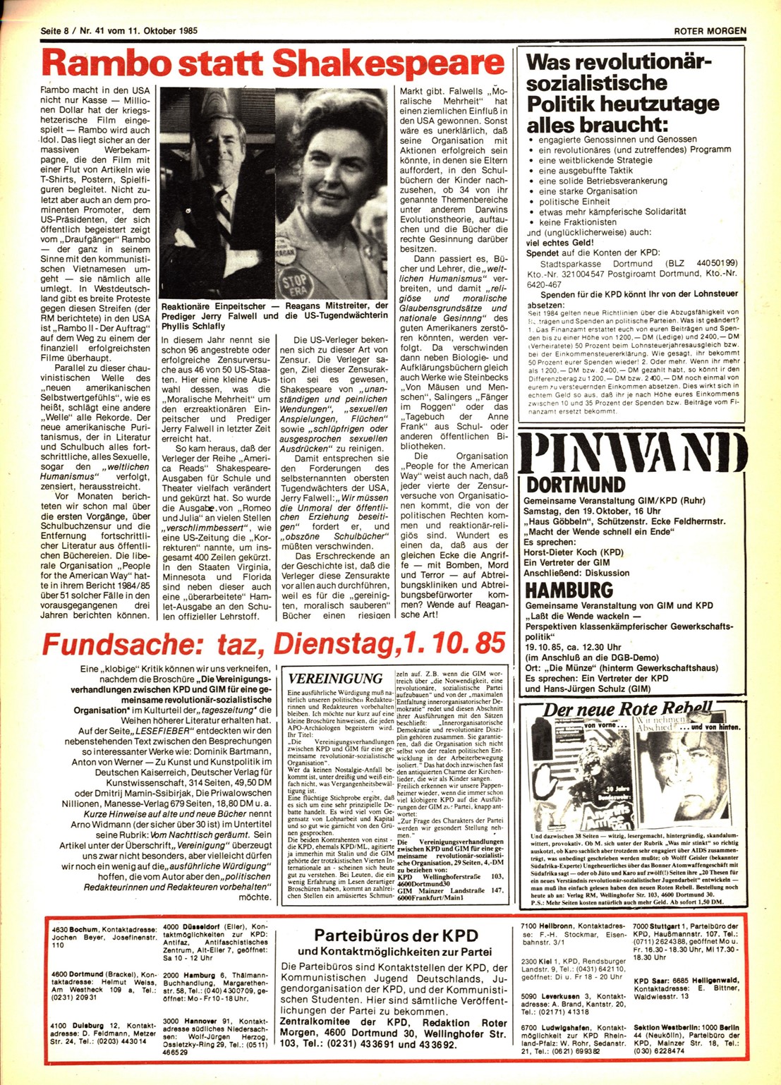 Roter Morgen, 19. Jg., 11. Oktober 1985, Nr. 41, Seite 8