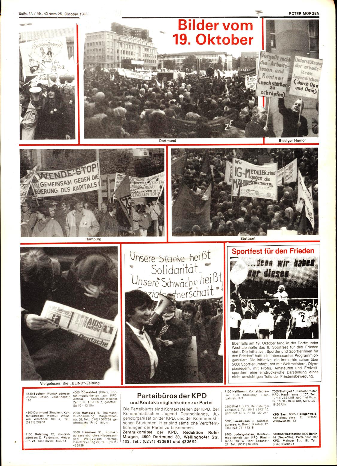 Roter Morgen, 19. Jg., 25. Oktober 1985, Nr. 43, Seite 14