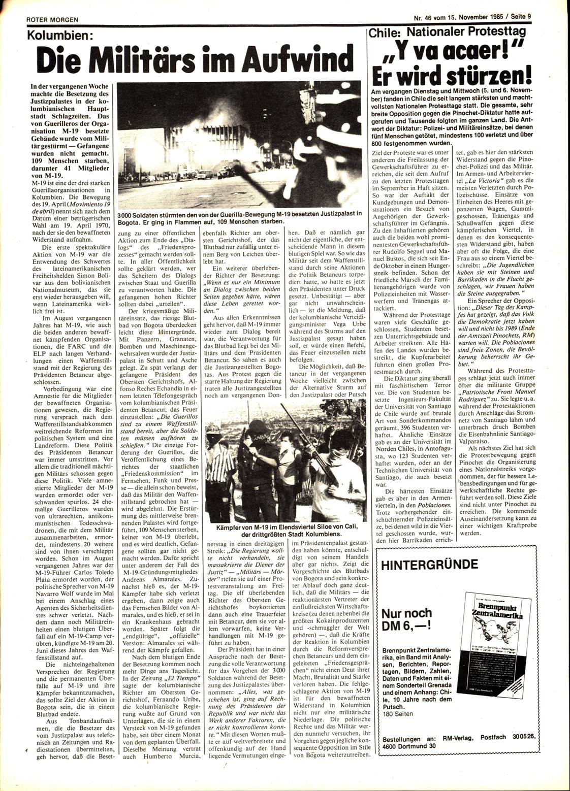 Roter Morgen, 19. Jg., 15. November 1985, Nr. 46, Seite 9