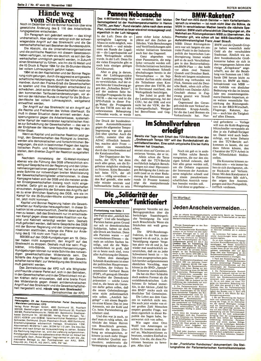 Roter Morgen, 19. Jg., 22. November 1985, Nr. 47, Seite 2