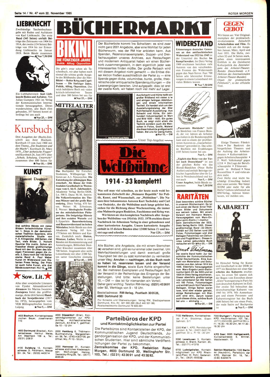 Roter Morgen, 19. Jg., 22. November 1985, Nr. 47, Seite 14