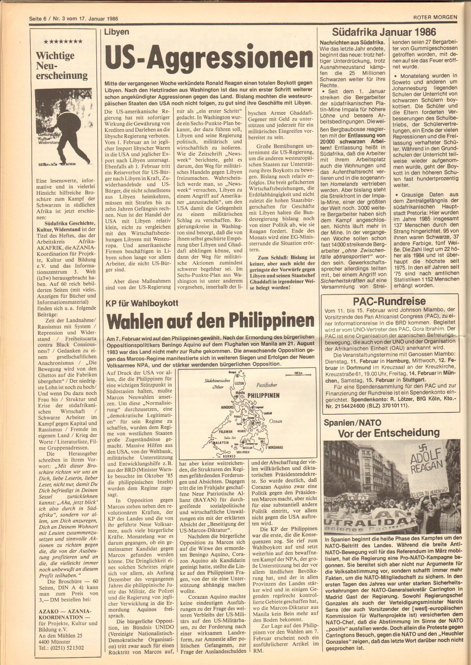 Roter Morgen, 20. Jg., 17. Januar 1986, Nr. 3, Seite 6