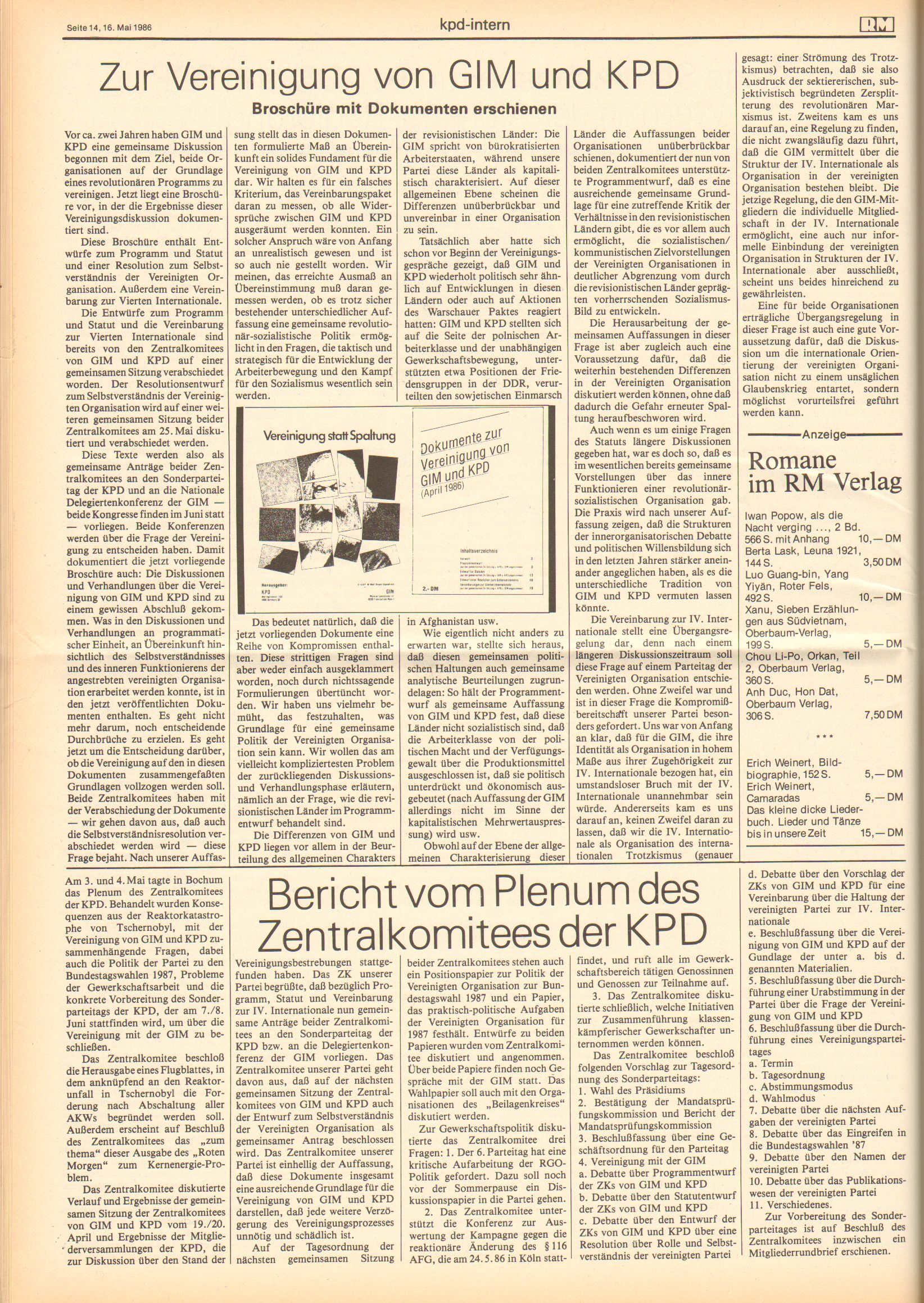 Roter Morgen, 20. Jg., 16. Mai 1986, Nr. 13, Seite 14
