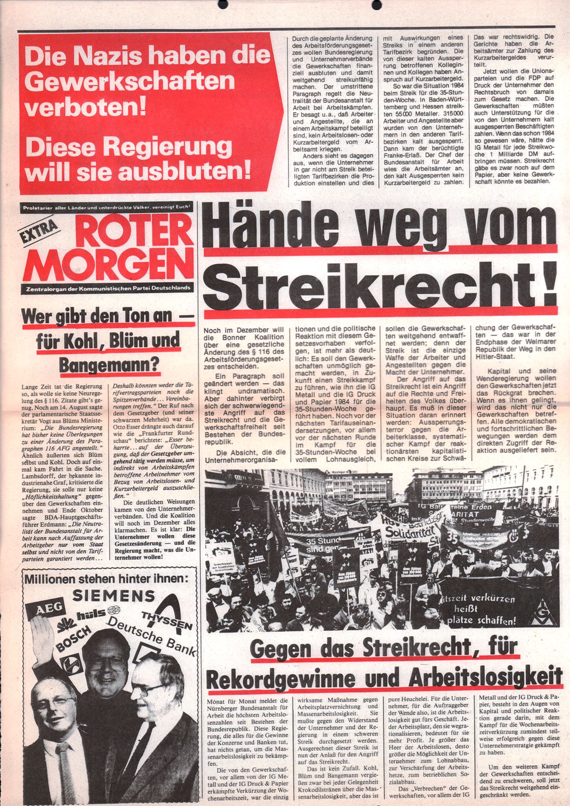 Roter Morgen, 19. Jg., Extrablatt, November 1985, Seite 1