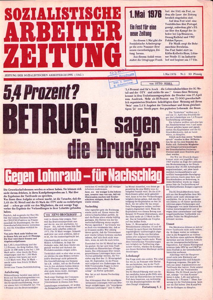 Titelseite der Sozialistischen Arbeiterzeitung 1/1976
