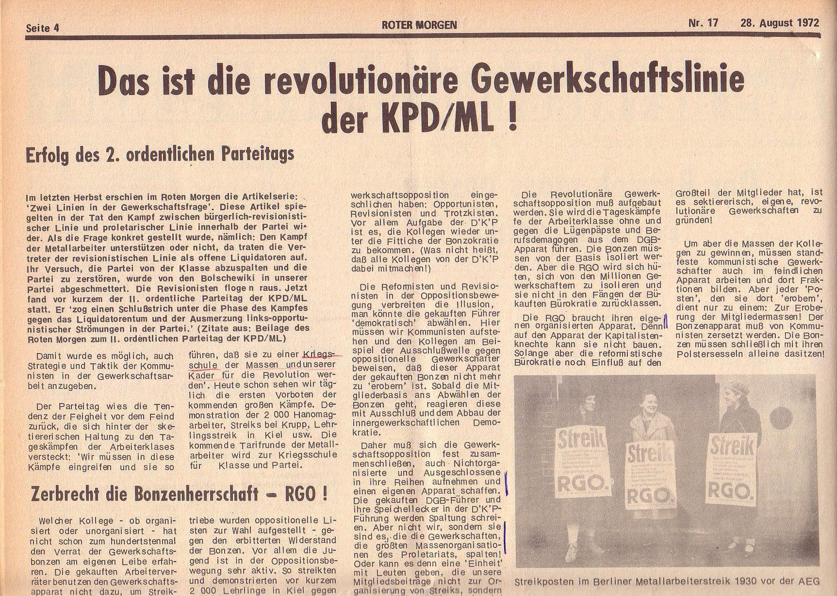 Roter Morgen, 6. Jg., 28. August 1972, Nr. 17, Seite 4a