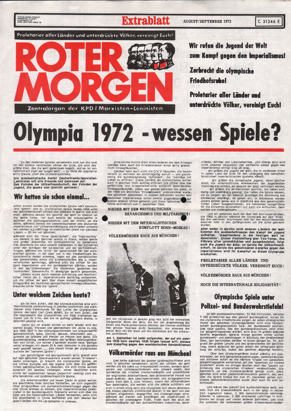 Roter Morgen, 6. Jg., August/September 1972, Extrablatt, Seite 1
