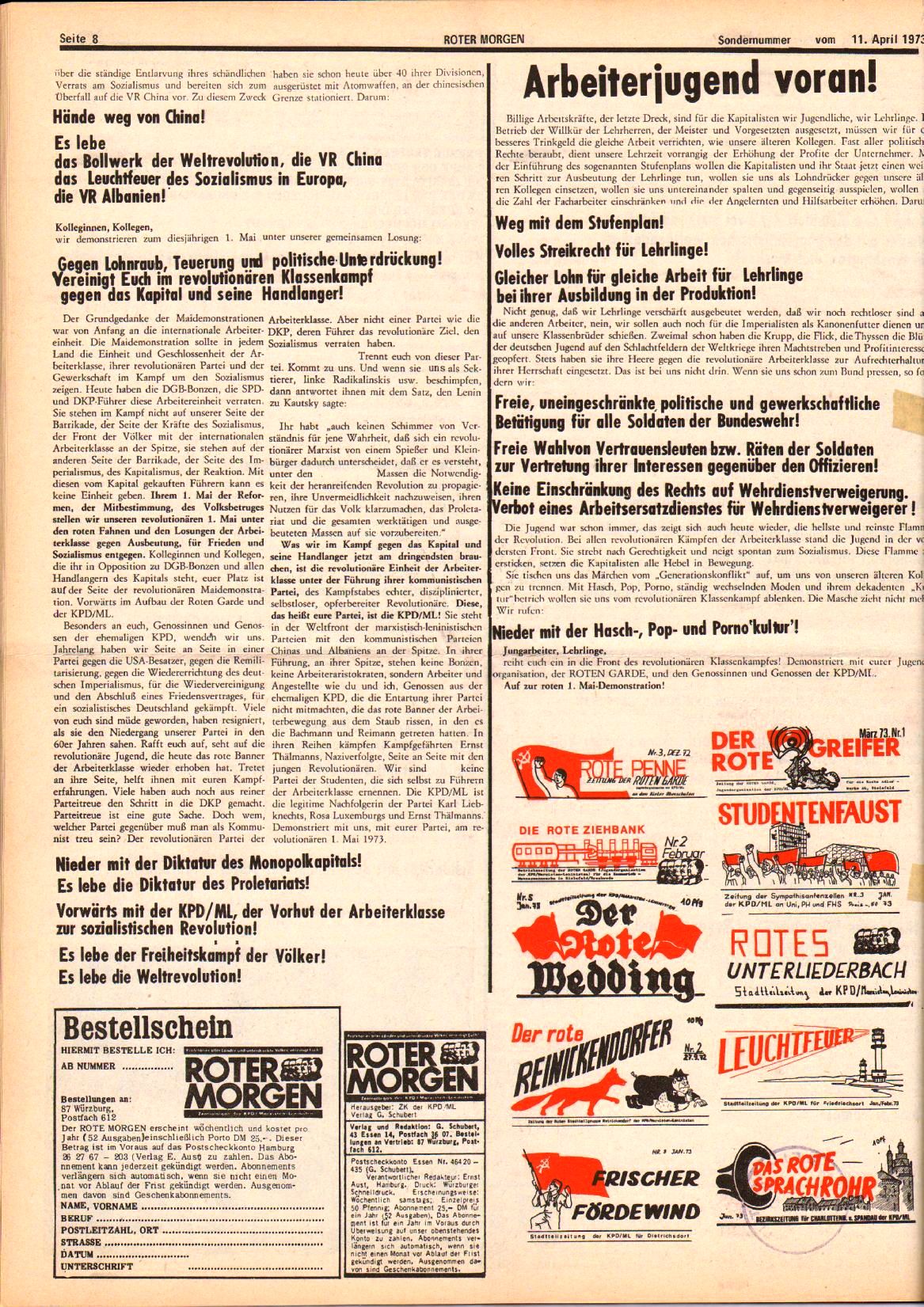 Roter Morgen, 7. Jg., 11. April 1973, Sondernummer, Seite 8