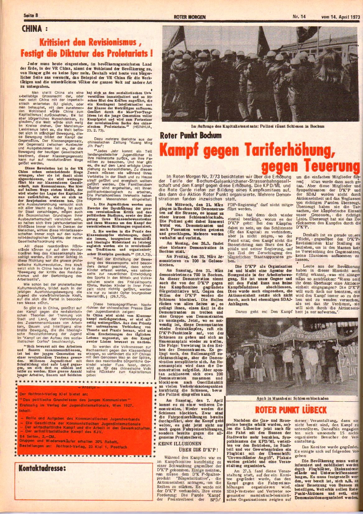 Roter Morgen, 7. Jg., 14. April 1973, Nr. 14, Seite 8