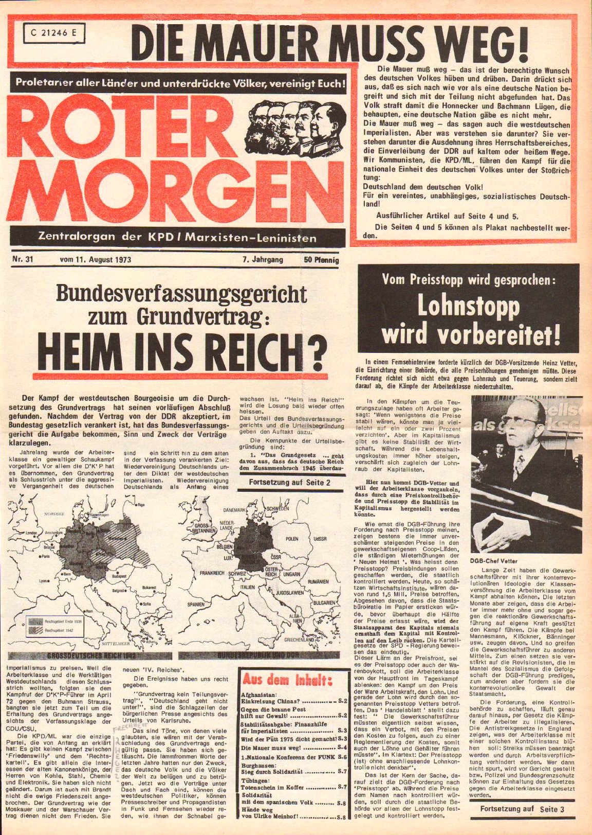 Roter Morgen, 7. Jg., 11. August 1973, Nr. 31, Seite 1