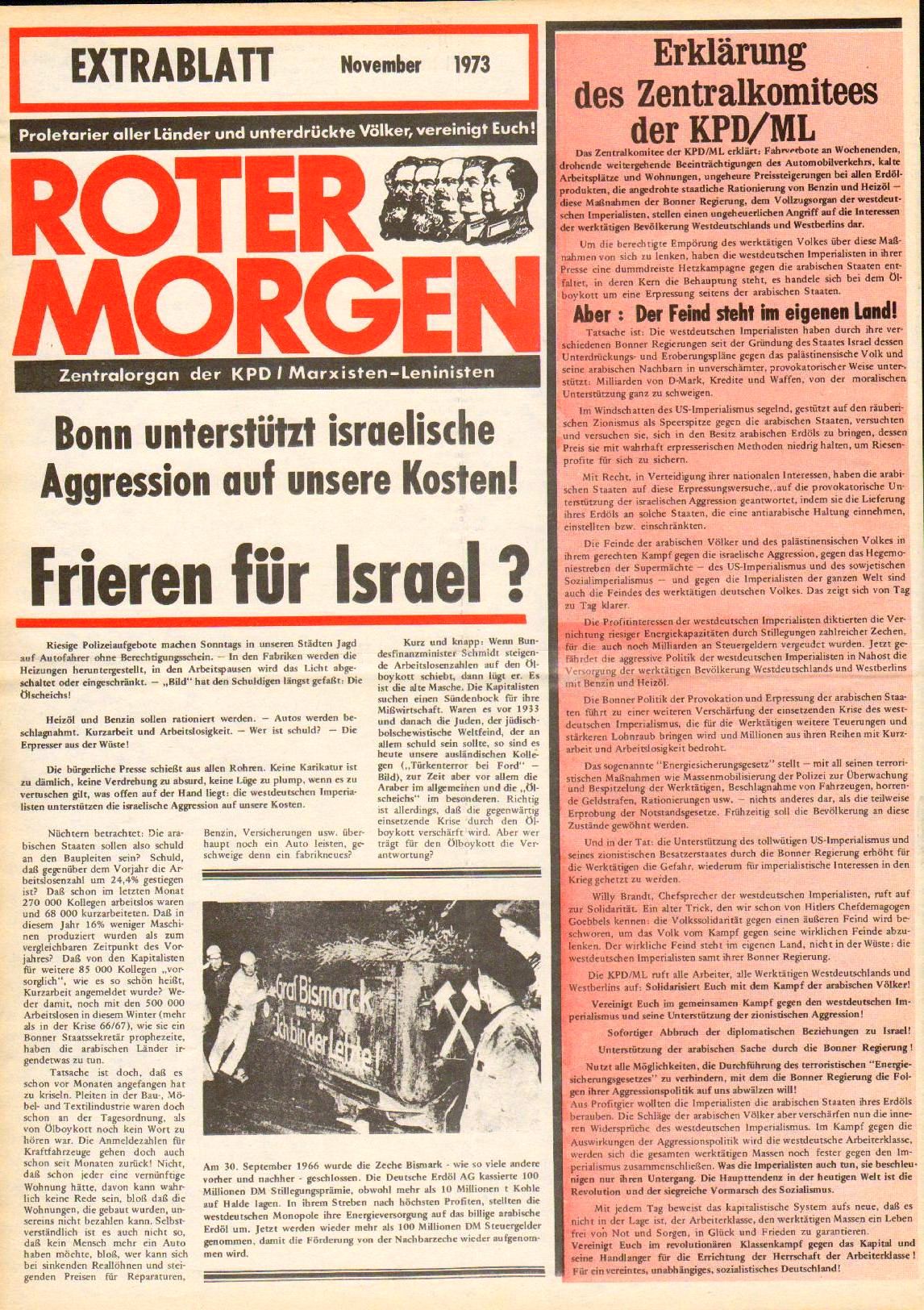 Roter Morgen, 7. Jg., November 1973, Extrablatt, Seite 1