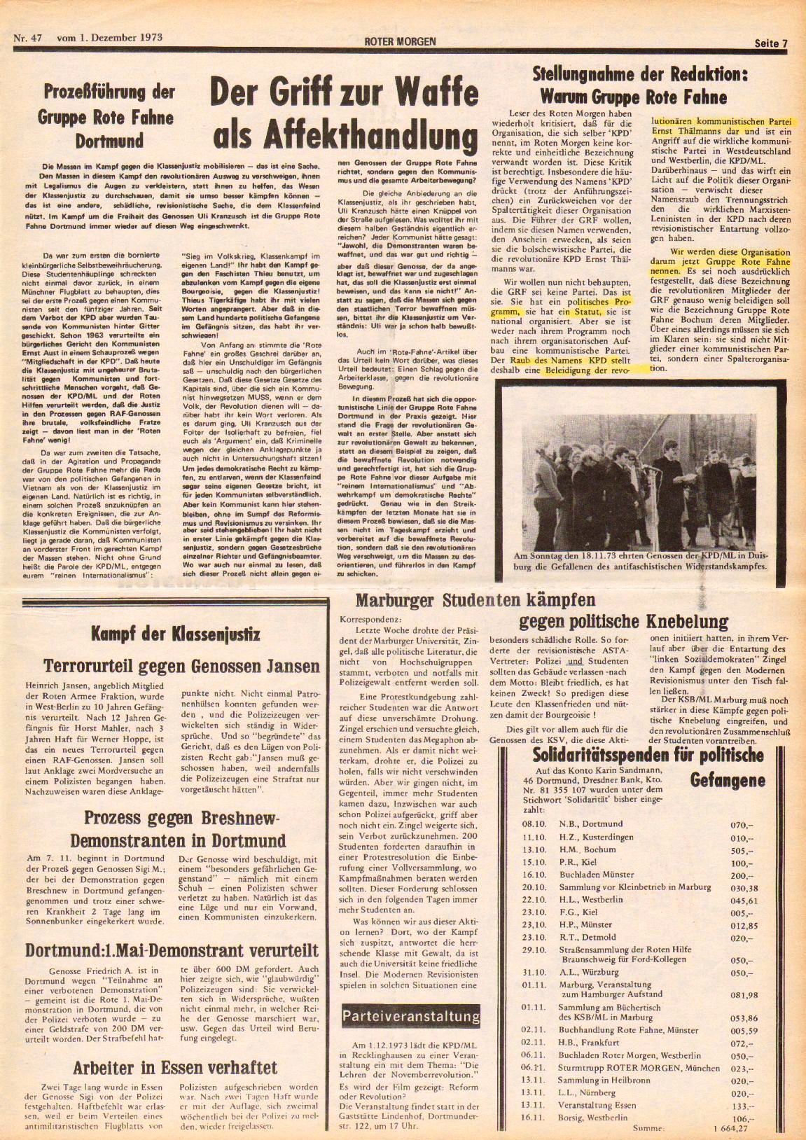 Roter Morgen, 7. Jg., 1. Dezember 1973, Nr. 47, Seite 7