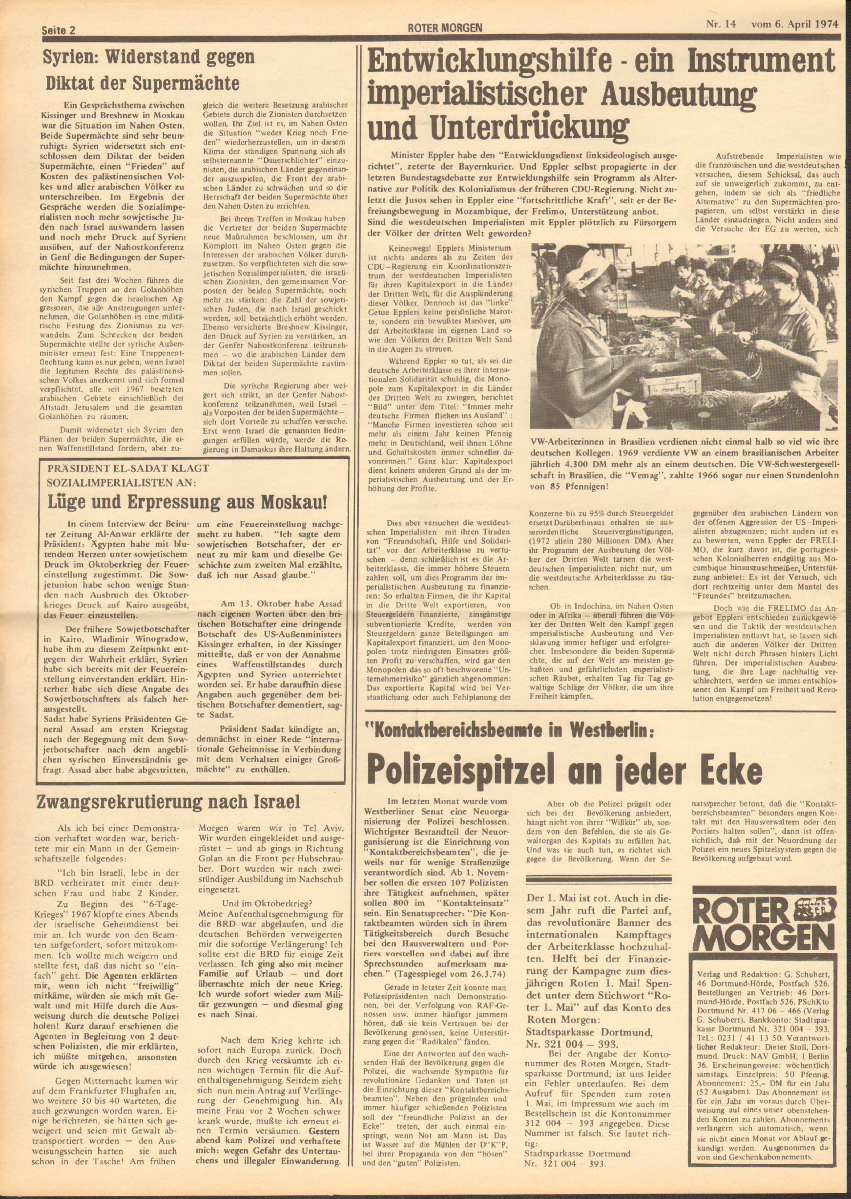 Roter Morgen, 8. Jg., 6. April 1974, Nr. 14, Seite 2