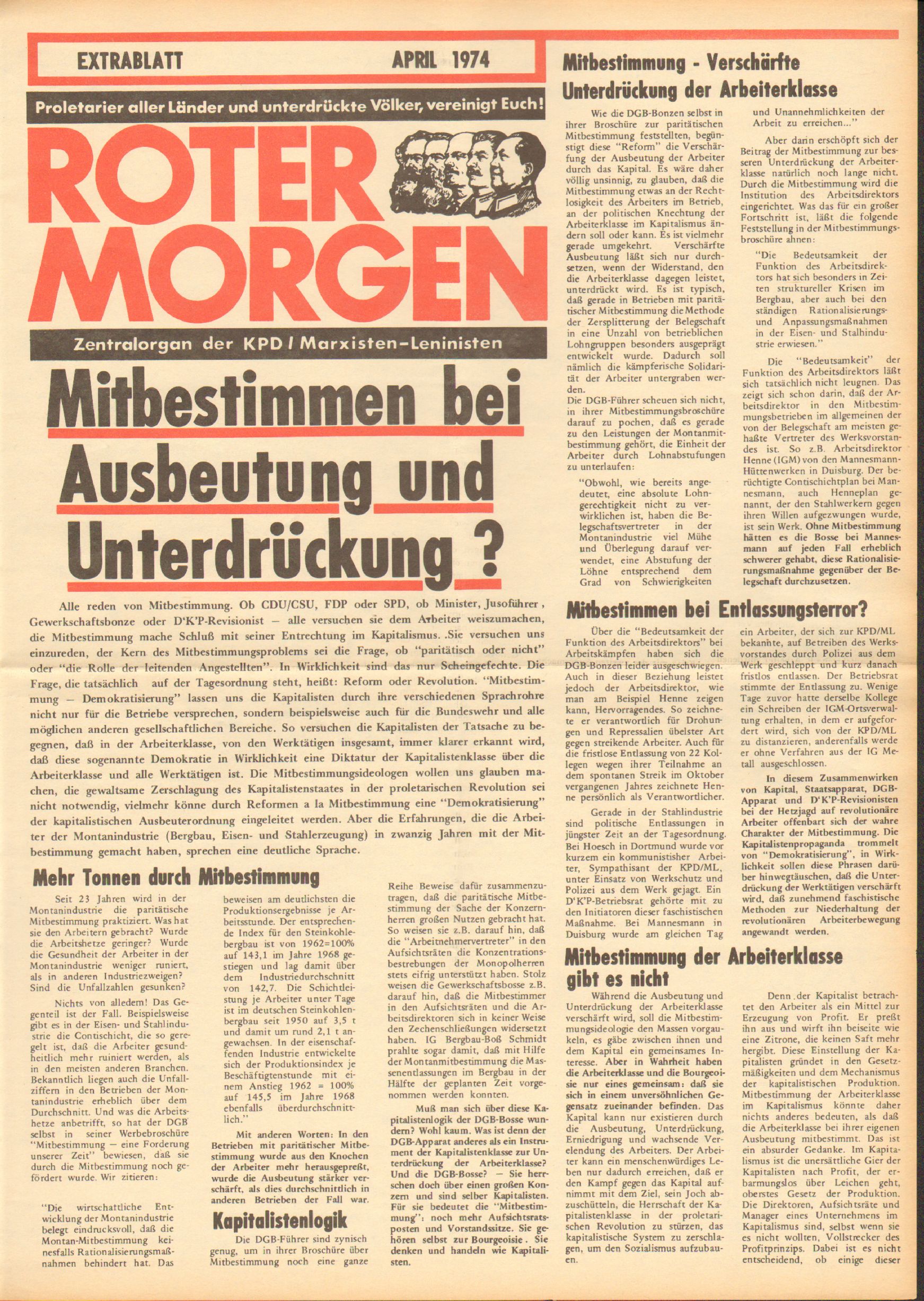 Roter Morgen, 8. Jg., April 1974, Extrablatt, Seite 1