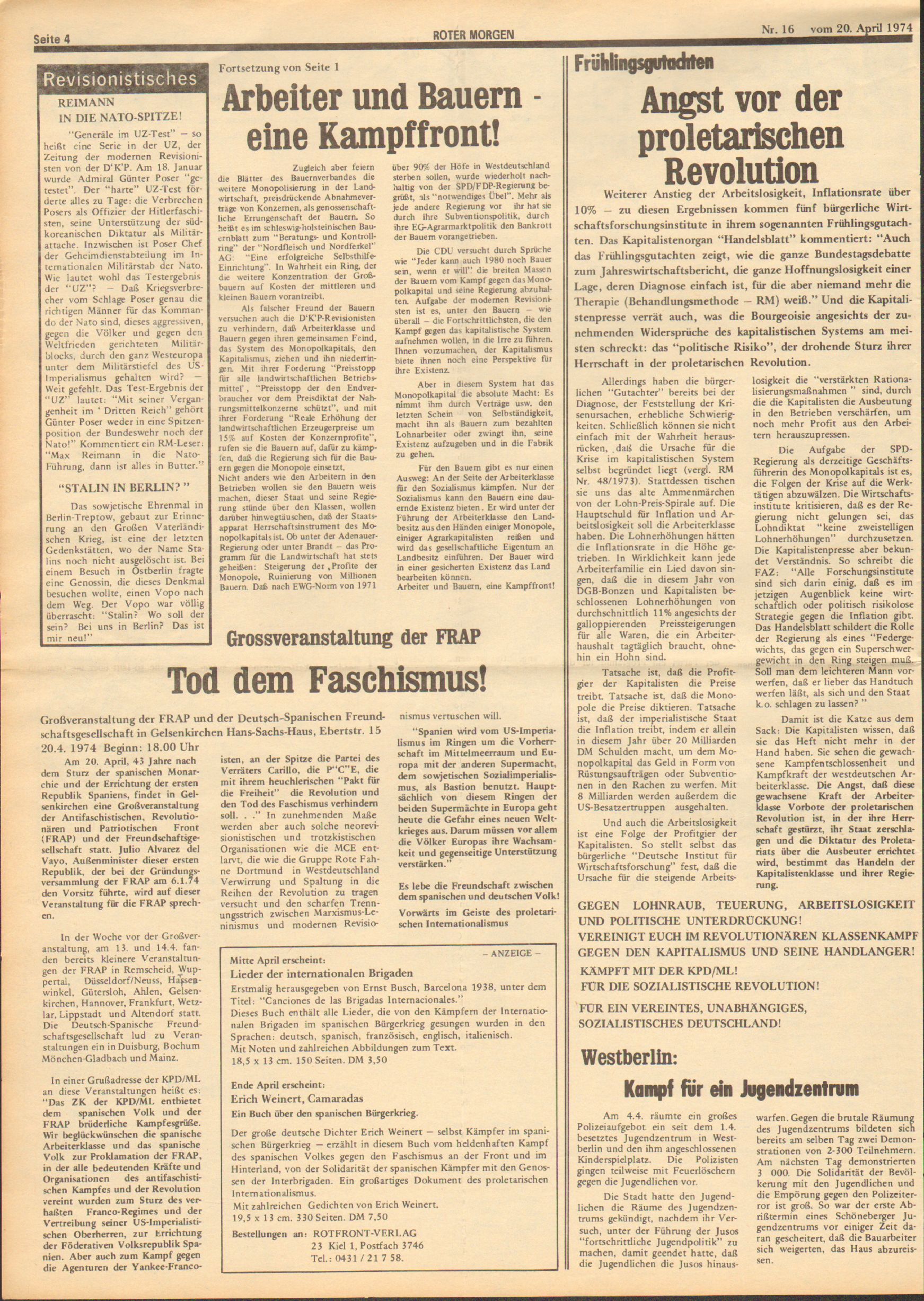 Roter Morgen, 8. Jg., 20. April 1974, Nr. 16, Seite 4
