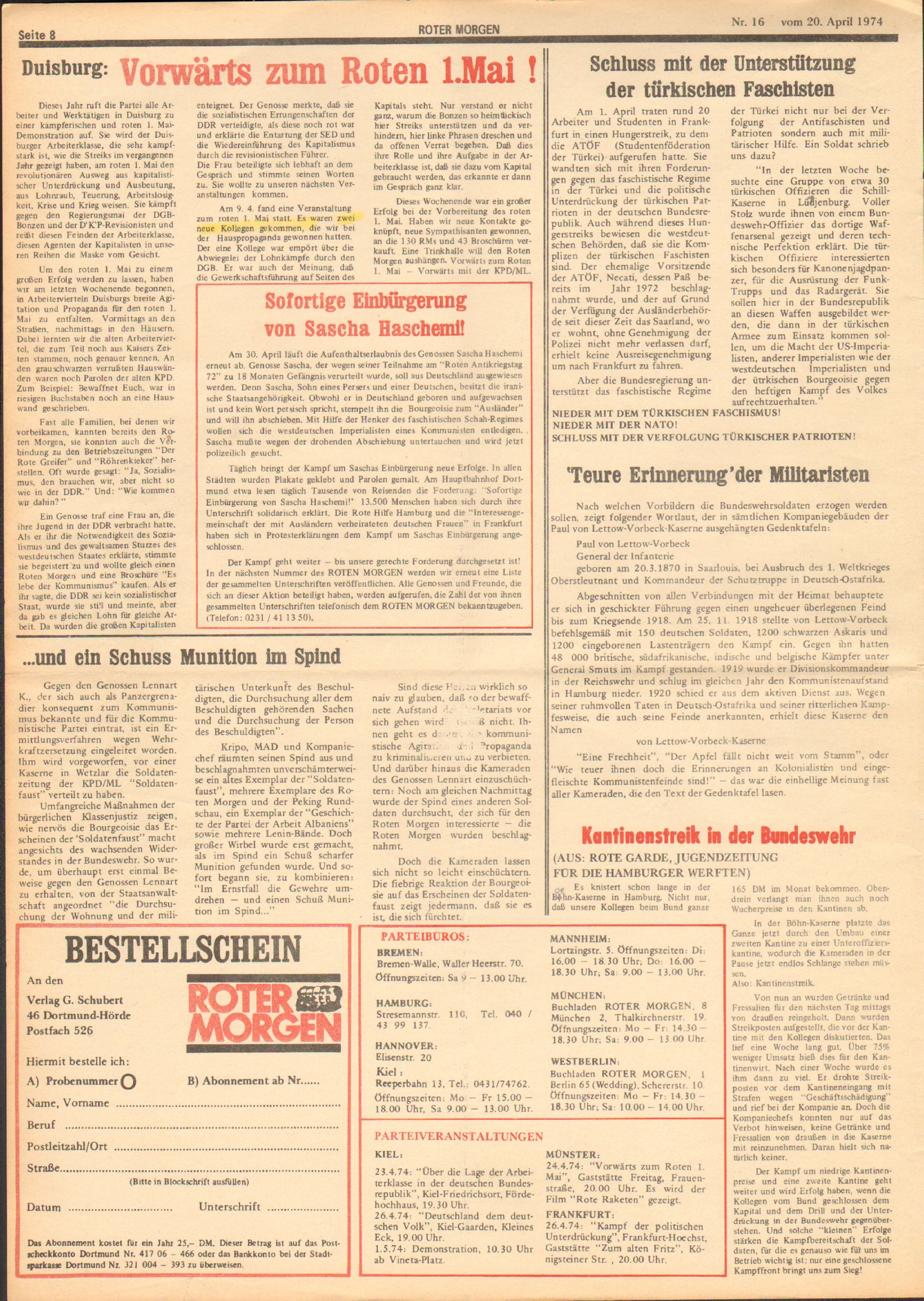 Roter Morgen, 8. Jg., 20. April 1974, Nr. 16, Seite 8