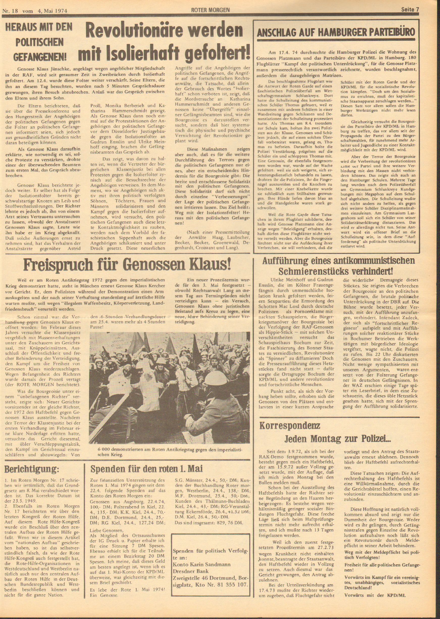 Roter Morgen, 8. Jg., 4. Mai 1974, Nr. 18, Seite 7