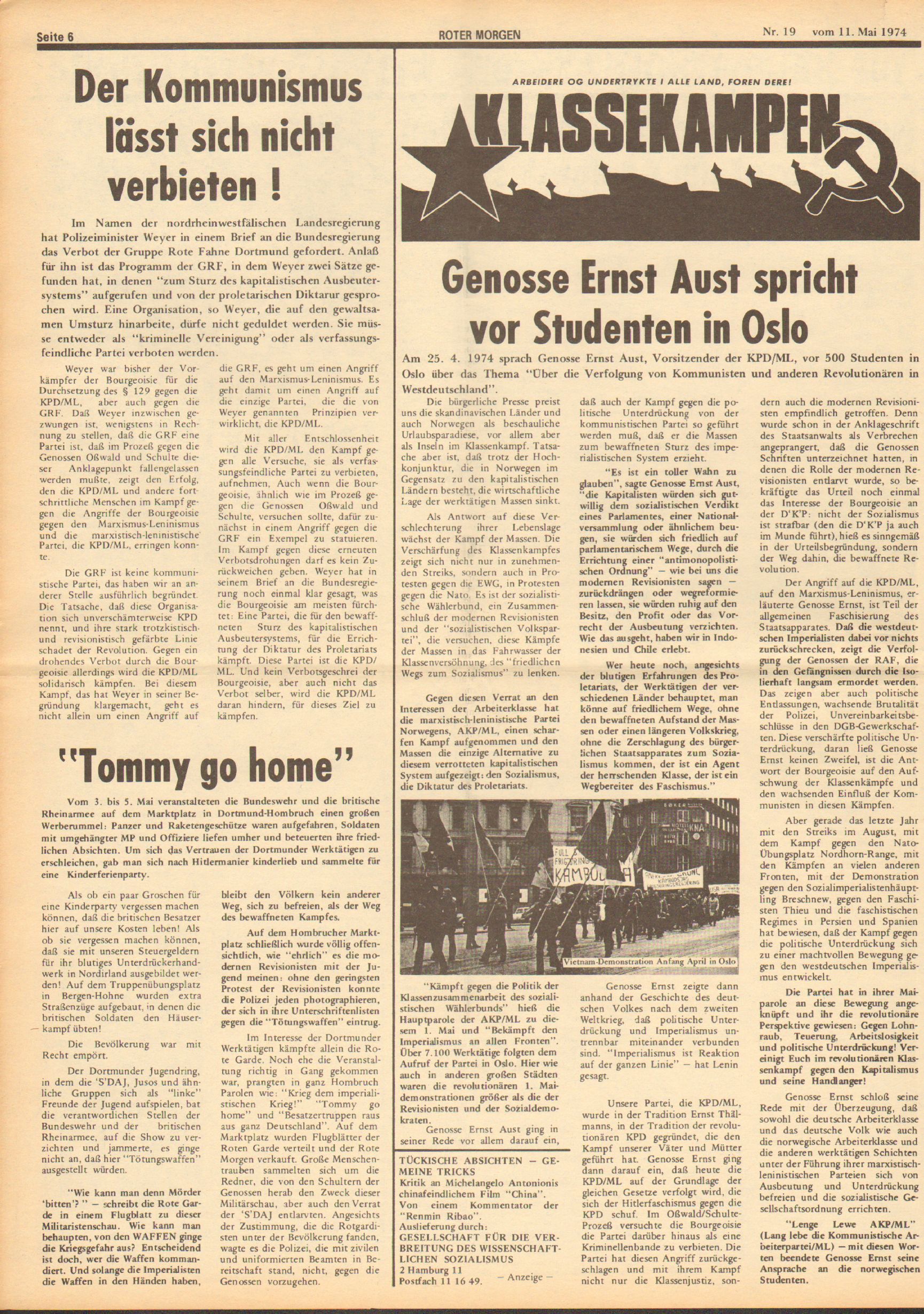 Roter Morgen, 8. Jg., 11. Mai 1974, Nr. 19, Seite 6