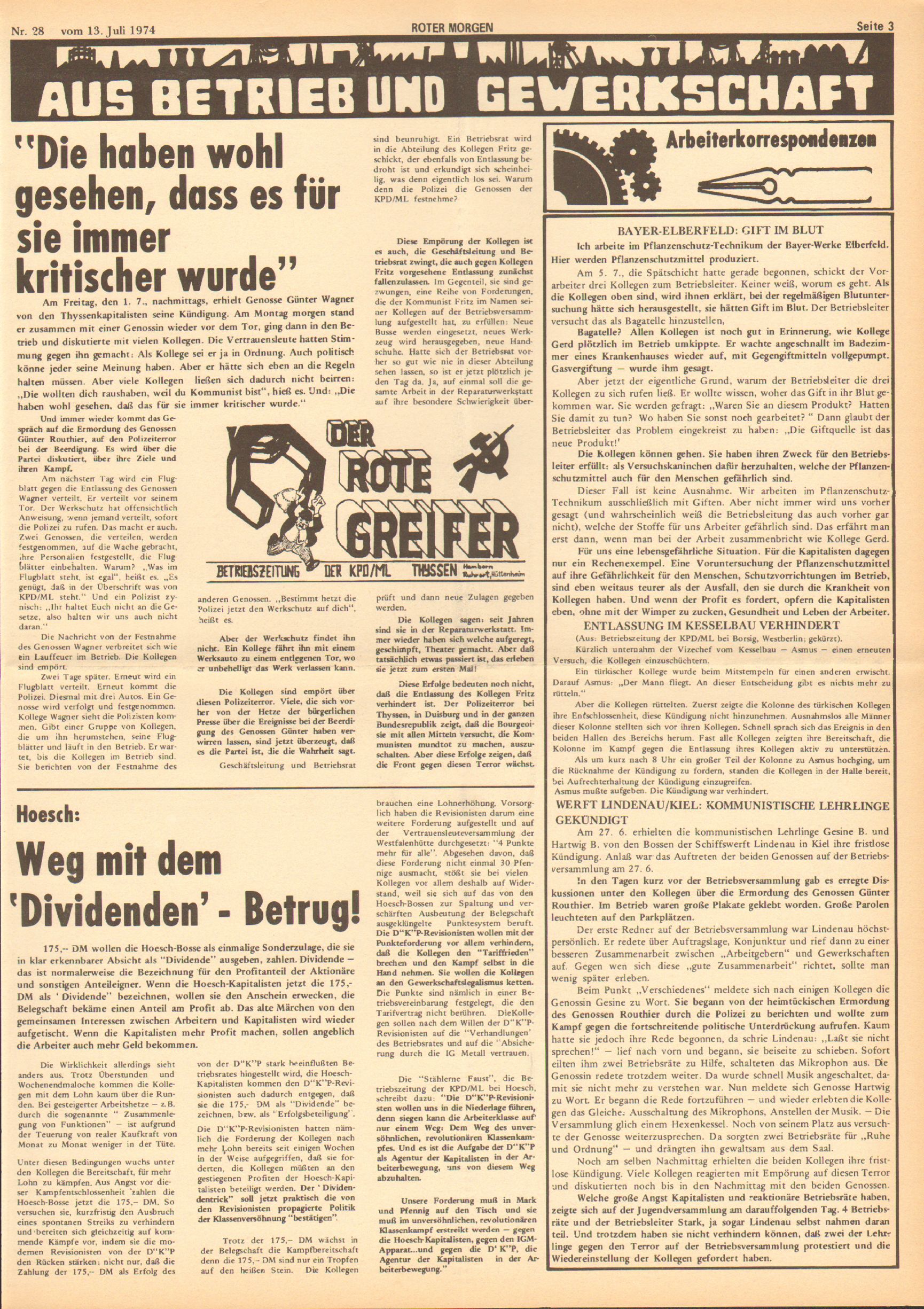 Roter Morgen, 8. Jg., 13. Juli 1974, Nr. 28, Seite 3