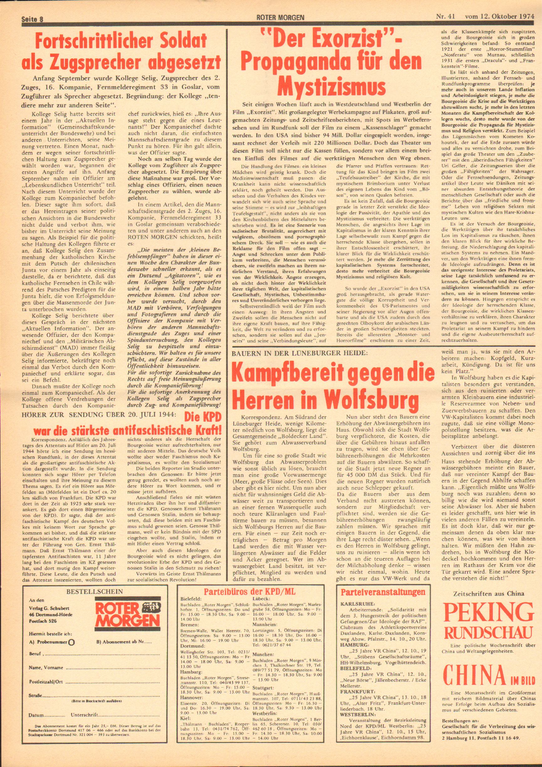 Roter Morgen, 8. Jg., 12. Oktober 1974, Nr. 41, Seite 8