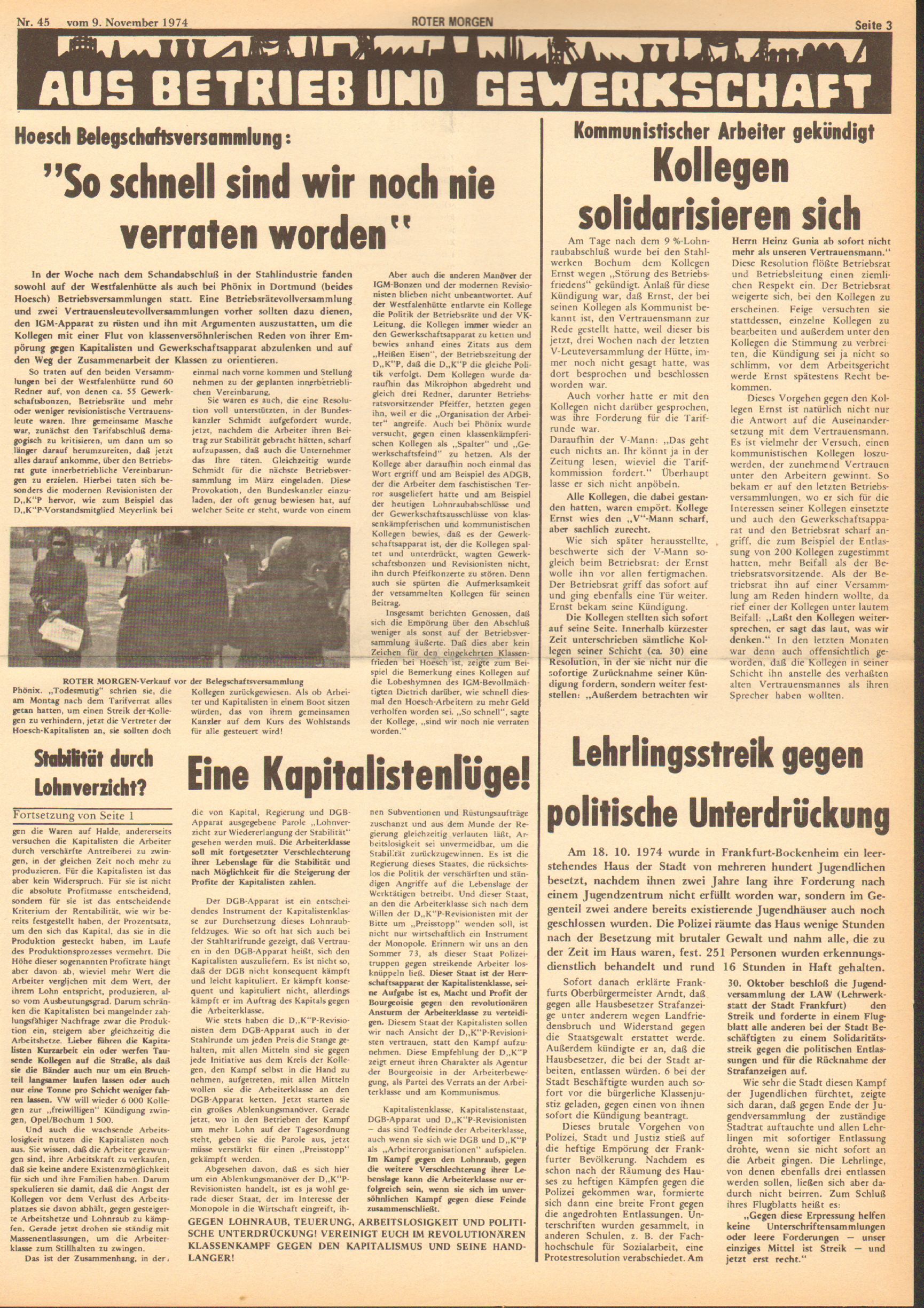 Roter Morgen, 8. Jg., 9. November 1974, Nr. 45, Seite 3