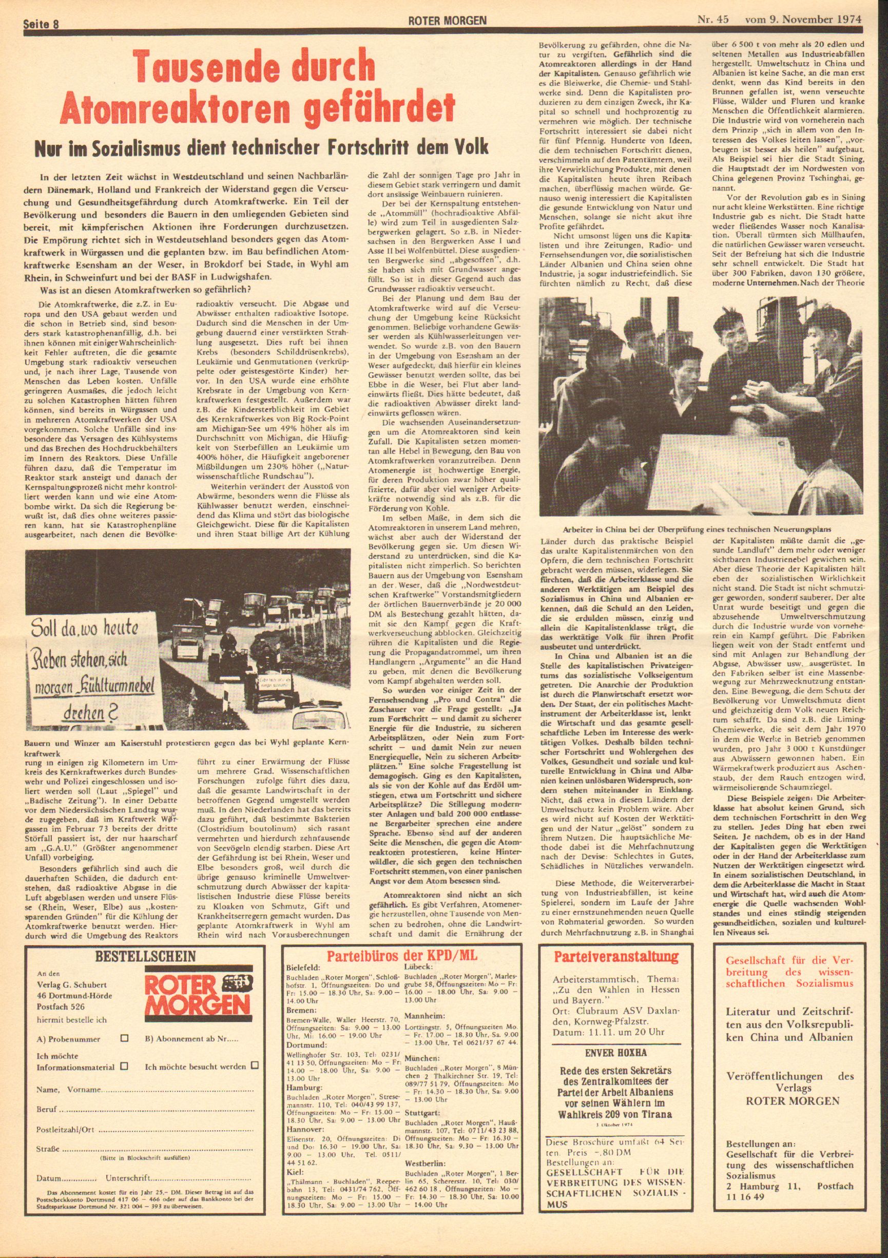 Roter Morgen, 8. Jg., 9. November 1974, Nr. 45, Seite 8