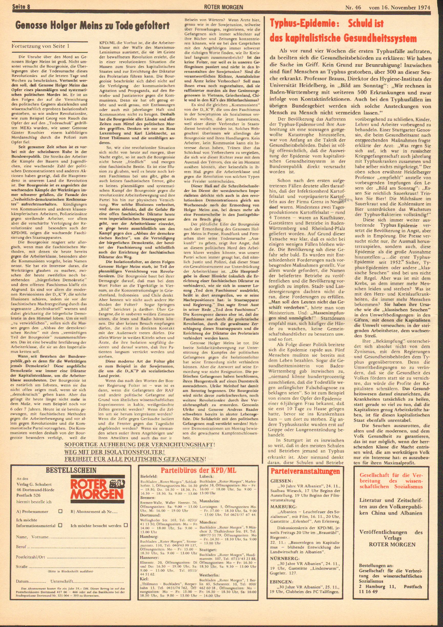 Roter Morgen, 8. Jg., 16. November 1974, Nr. 46, Seite 8