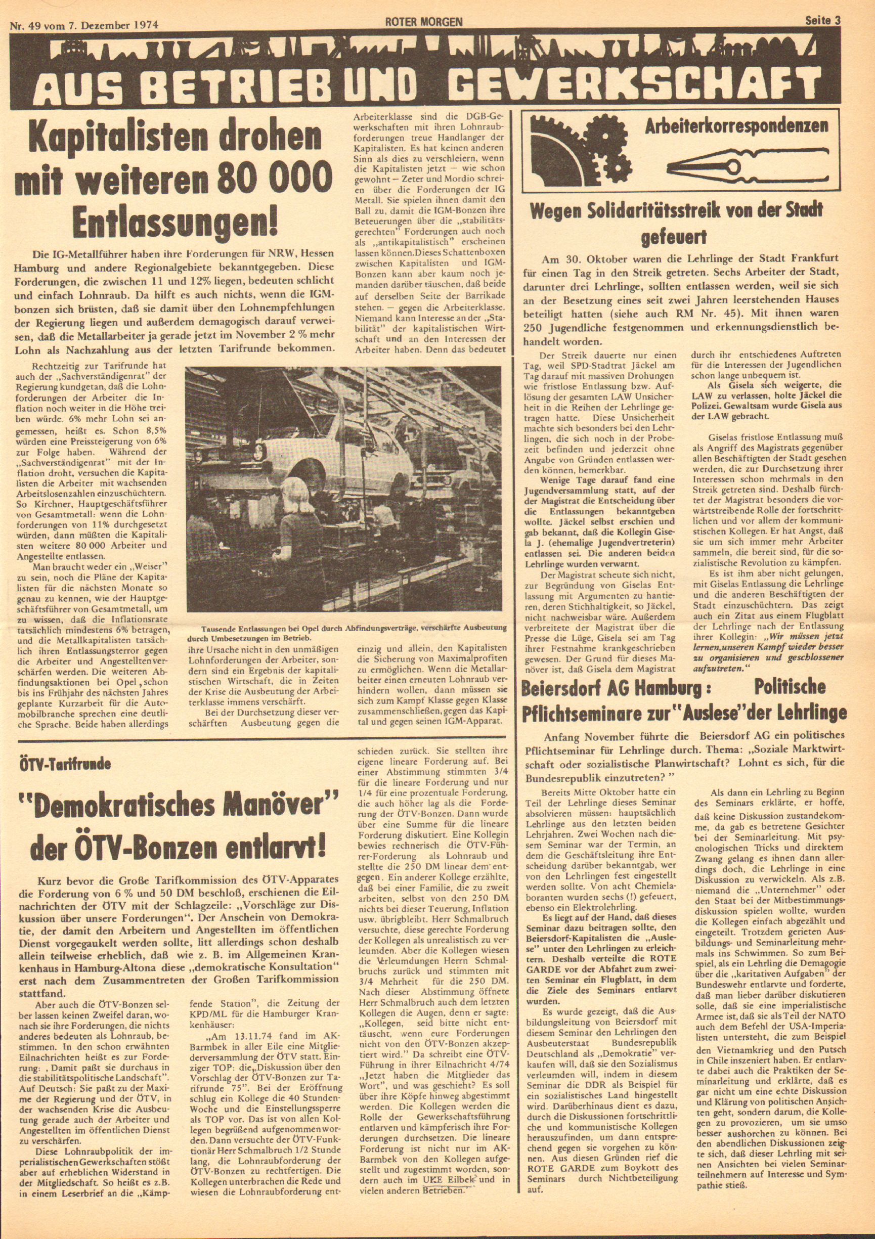 Roter Morgen, 8. Jg., 7. Dezember 1974, Nr. 49, Seite 3