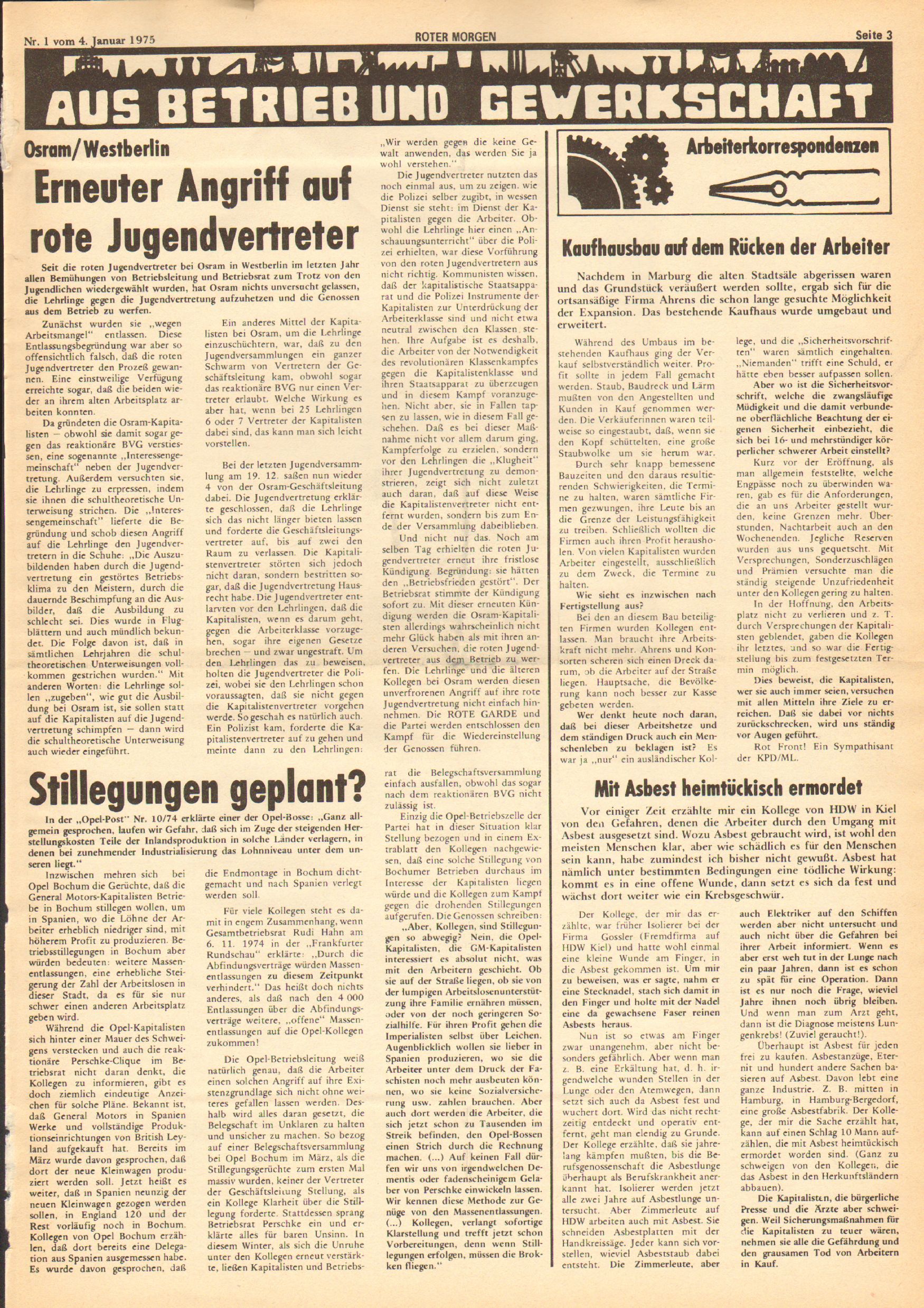 Roter Morgen, 9. Jg., 4. Januar 1975, Nr. 1, Seite 3